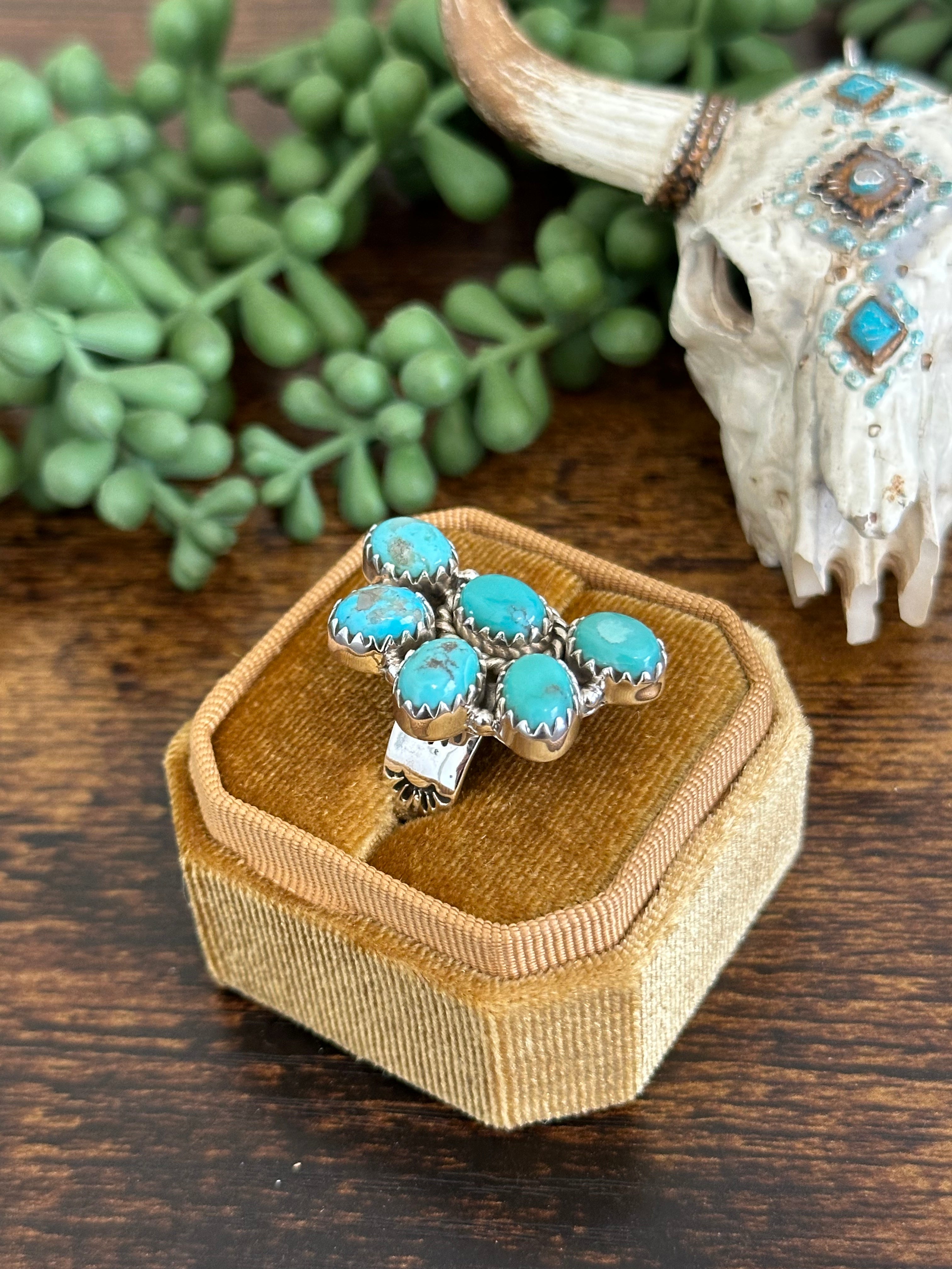 Southwest Handmade Kingman Turquoise & Sterling Silver Adjustable Cluster Ring