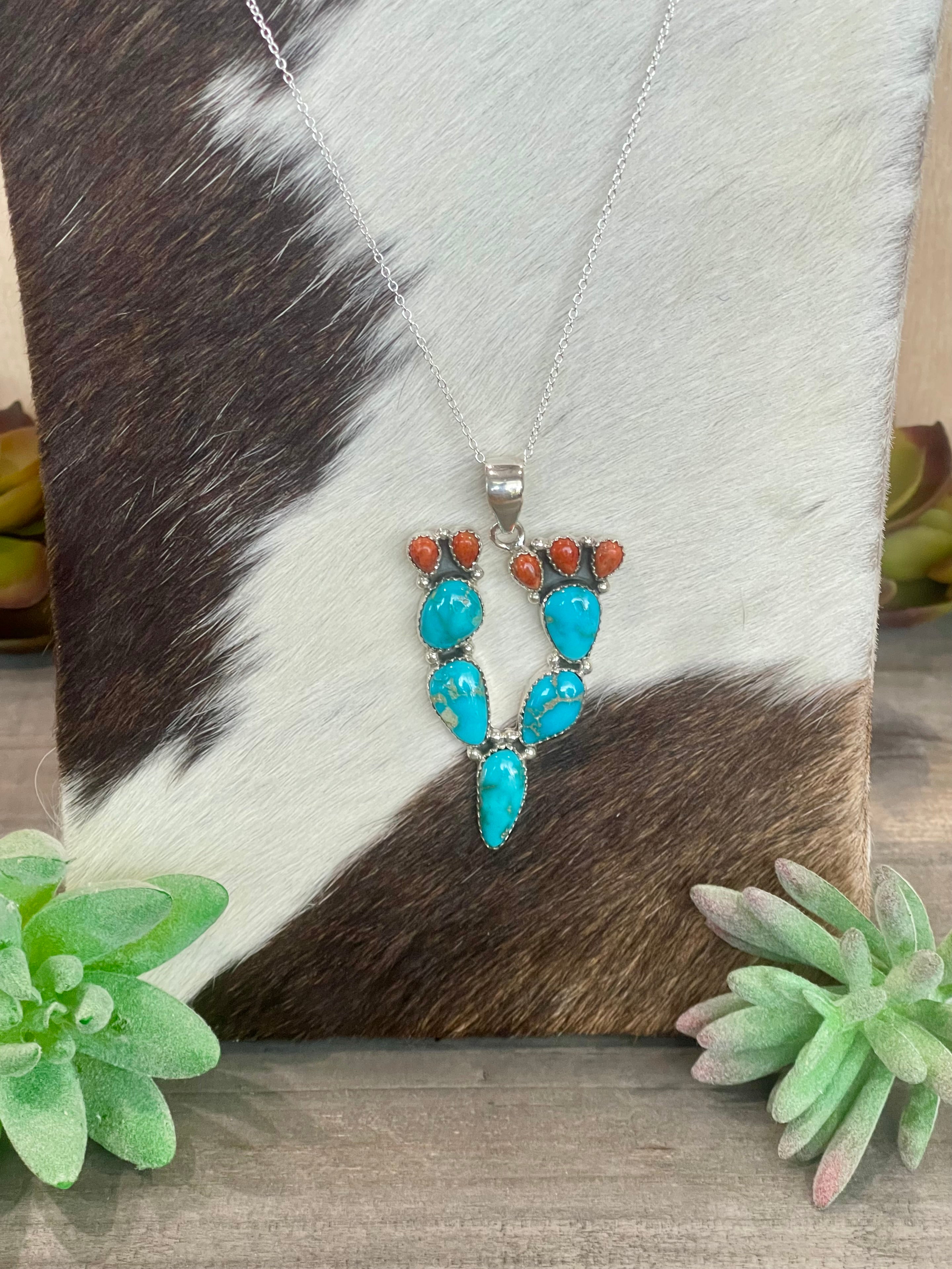 Southwest Handmade Sonoran Mountain Turquoise & Sterling Silver Prickly Pear  Necklace