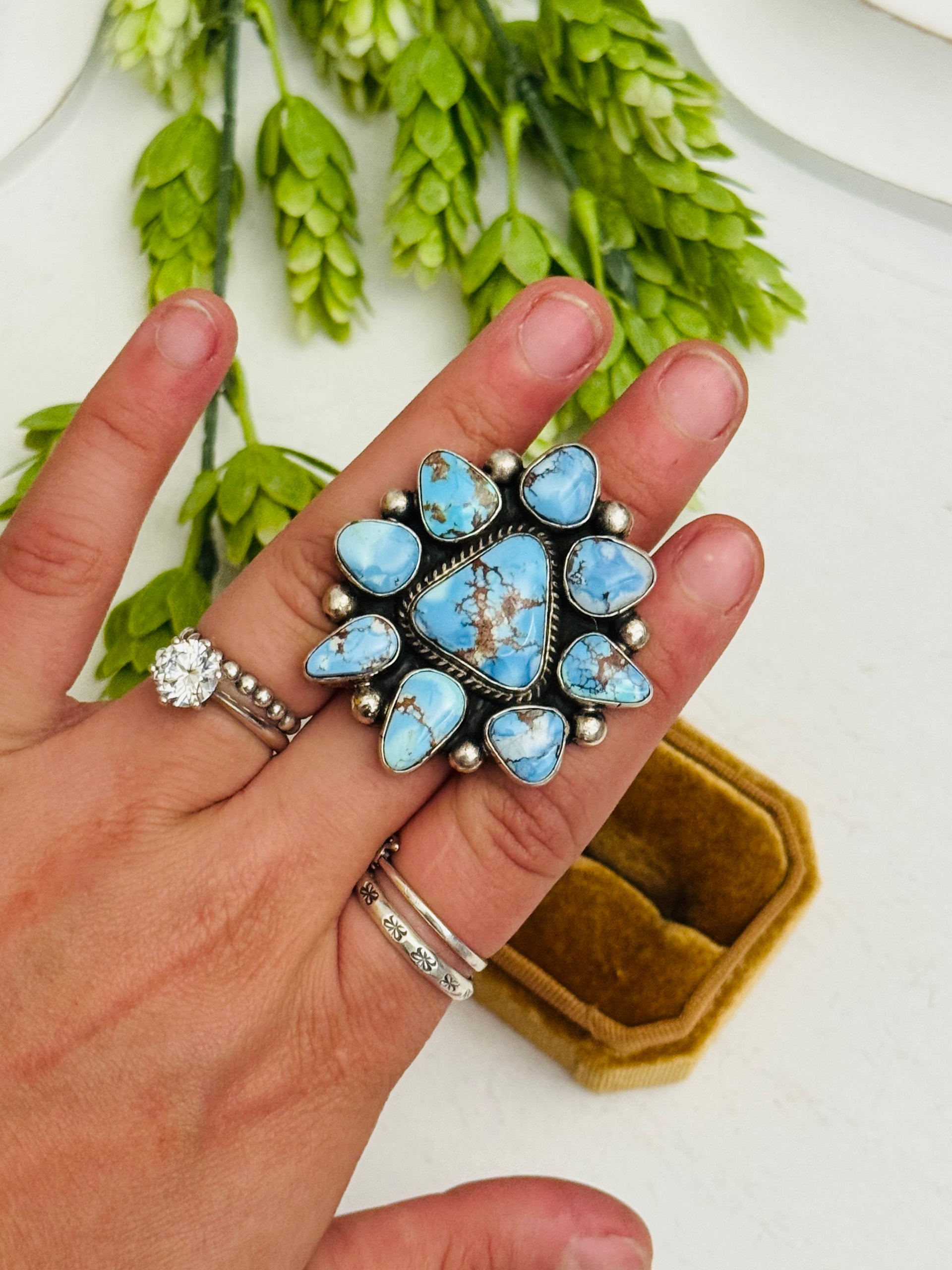 Navajo Made Golden Hills Turquoise & Sterling Silver Cluster Ring Size 7.5
