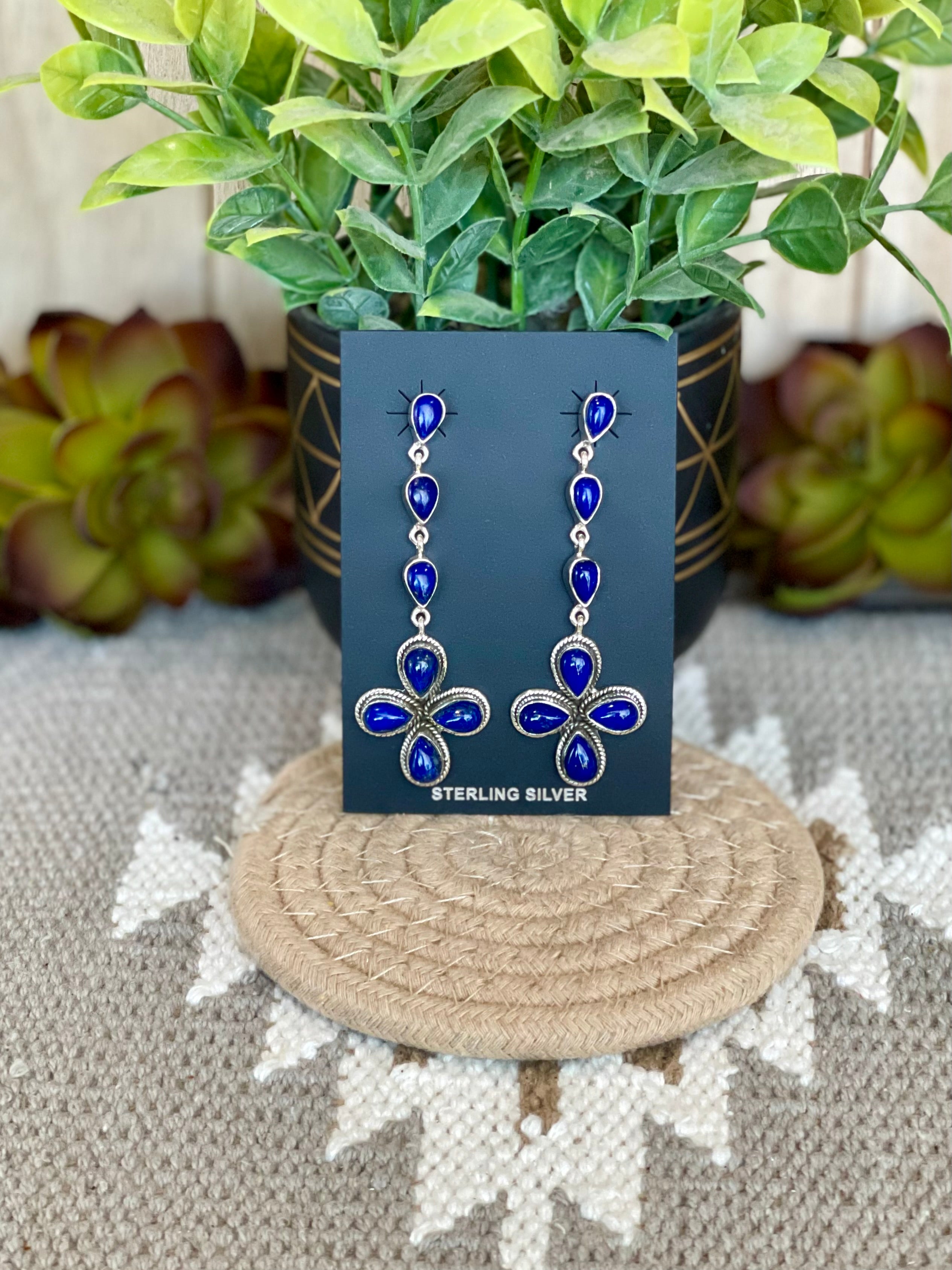 Southwest Handmade Lapis & Sterling Silver Post Dangle Cluster Earrings