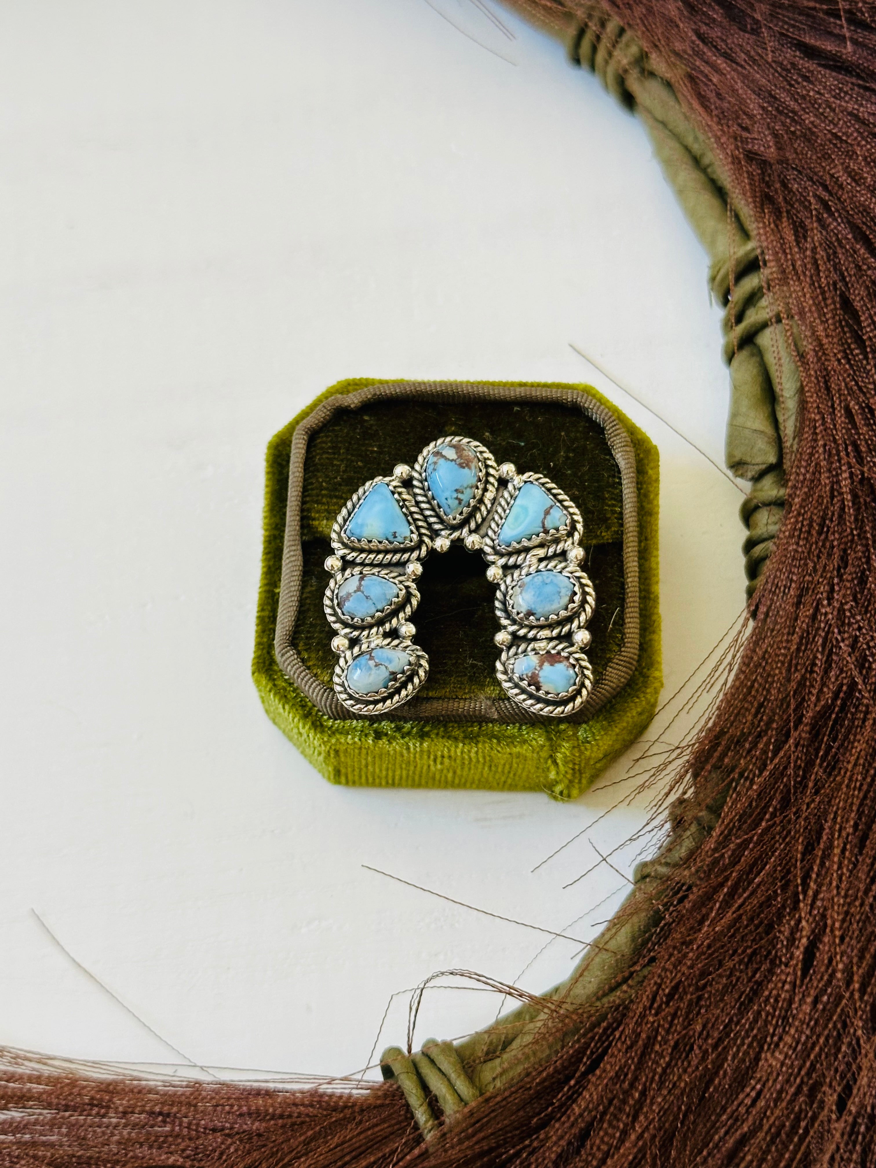 TTD “Prosperous” Golden Hills Turquoise & Sterling Silver Adjustable Cluster Naja Ring