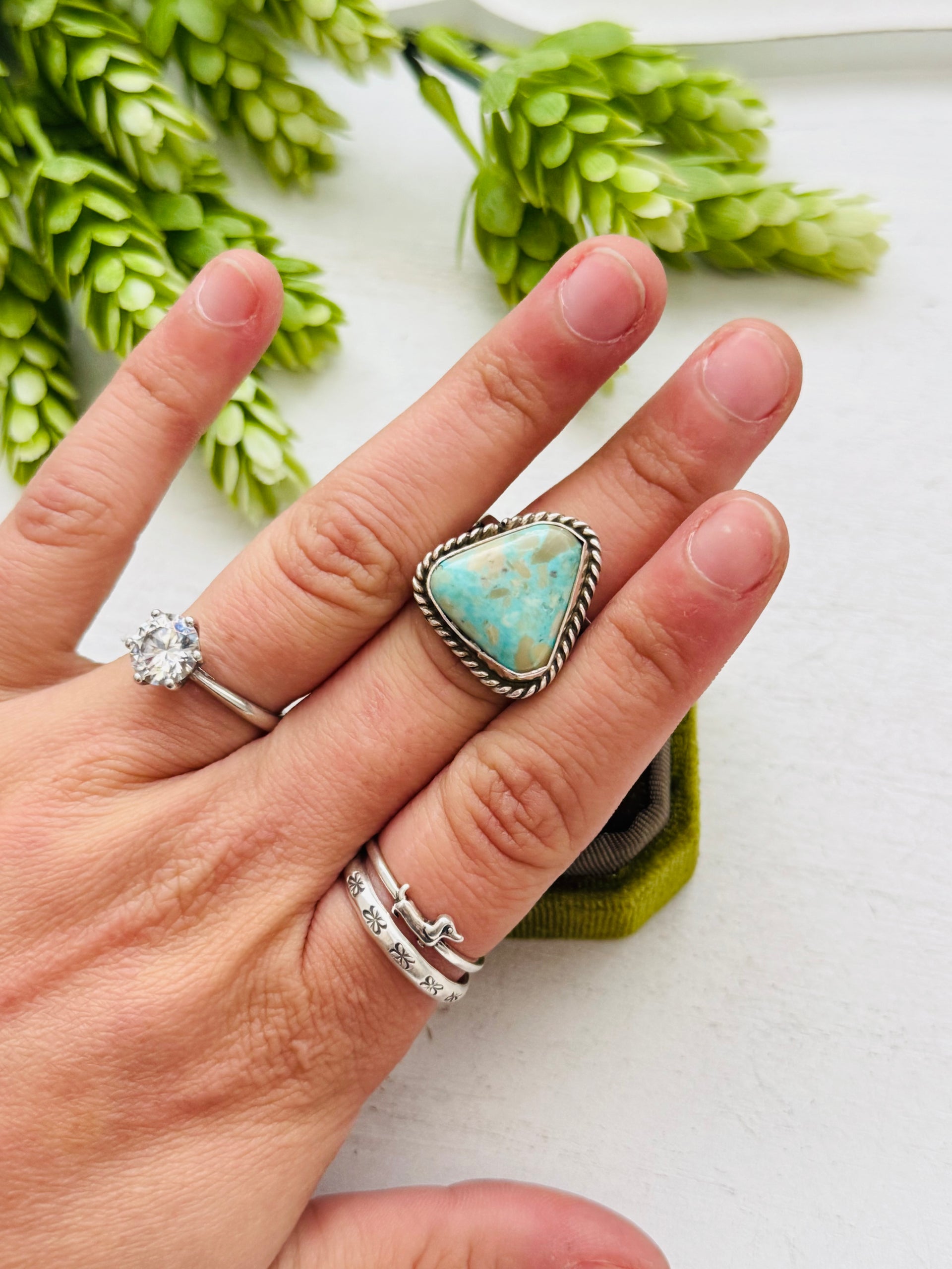 Navajo Made Kingman Turquoise & Sterling Sliver Ring Size 9