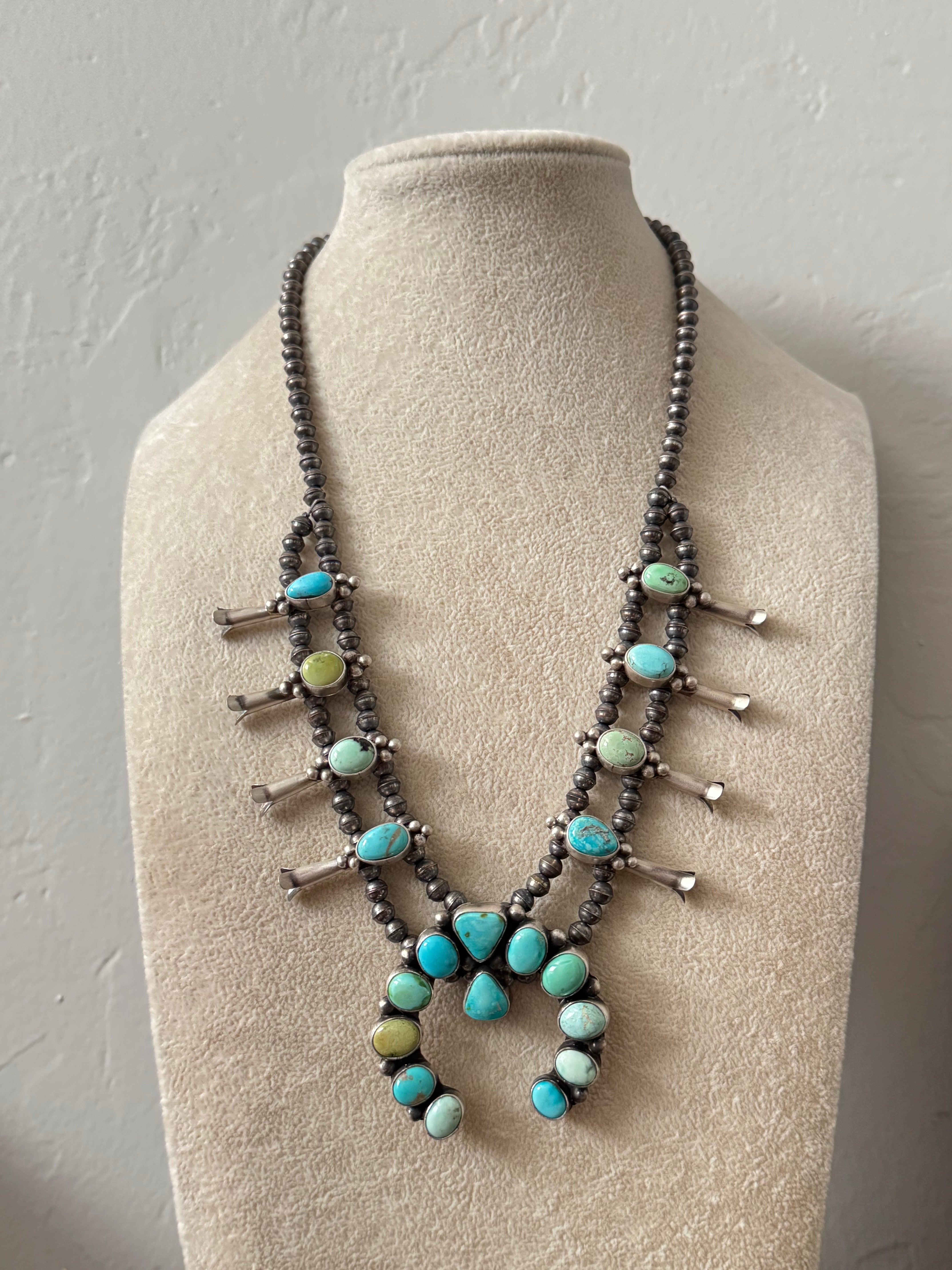 Tricia Smith Mixed Turquoise & Sterling Silver Squash Blossom Necklace