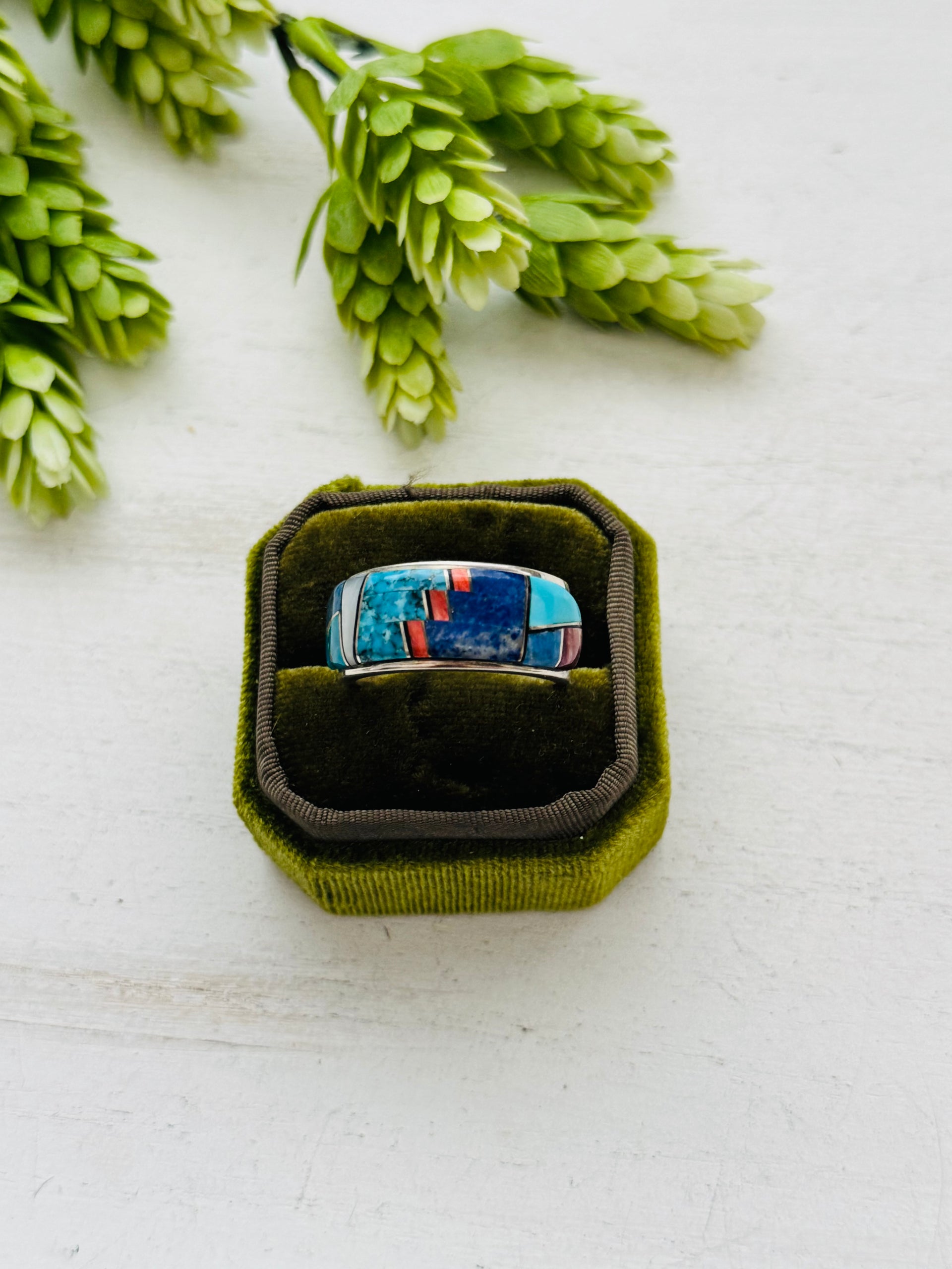 Eugene Chee Multi Stone & Sterling Silver Inlay Ring Size 12