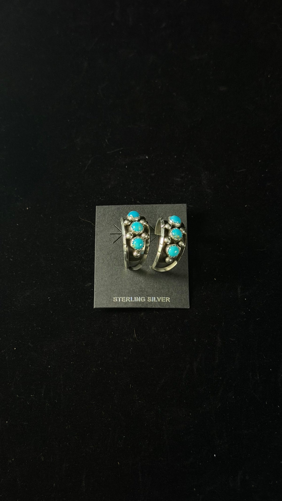Navajo Handmade Kingman Turquoise & Sterling Silver Post Dangle Hoop Earrings