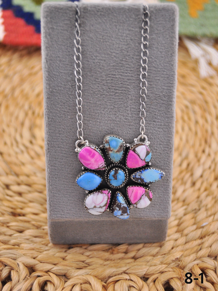 Southwest Handmade Multi Stone & Sterling Silver Cluster Necklace