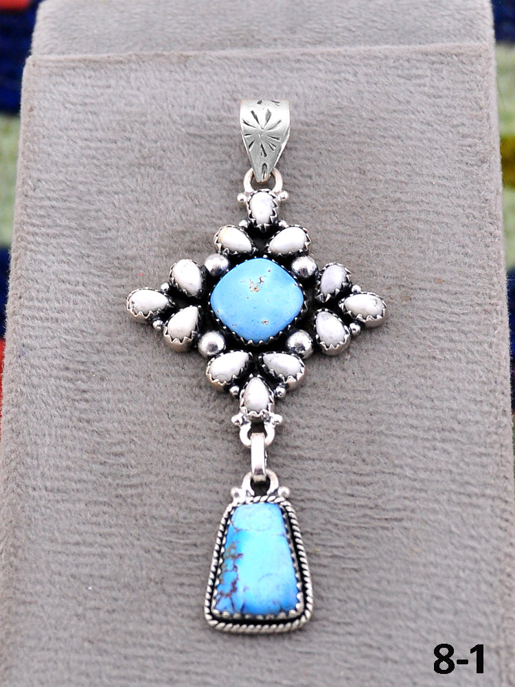Southwest Handmade White Buffalo with Golden Hills Turquoise & Sterling Silver Pendants