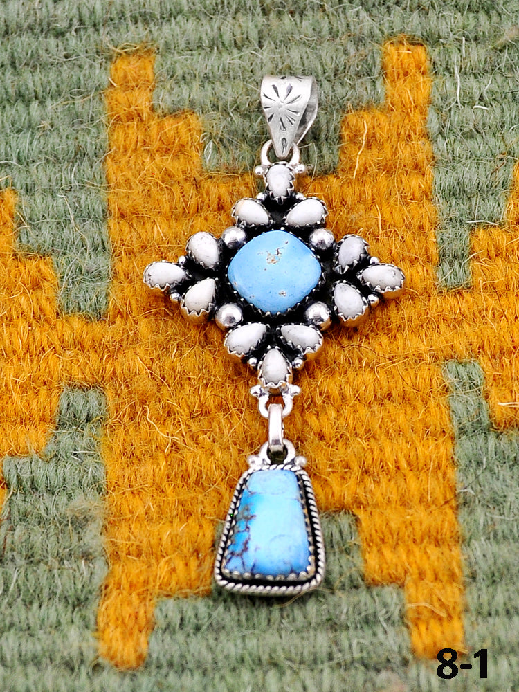Southwest Handmade White Buffalo with Golden Hills Turquoise & Sterling Silver Pendants