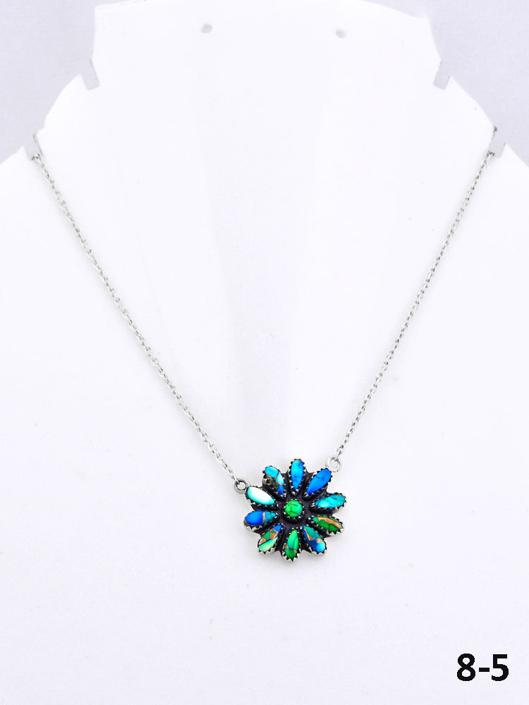 Southwest Made Peacock Dahlia & Sterling Silver Necklace