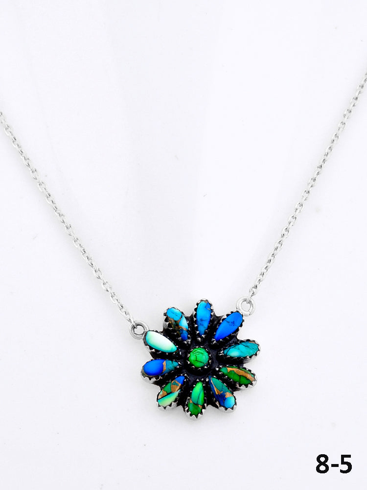 Southwest Made Peacock Dahlia & Sterling Silver Necklace