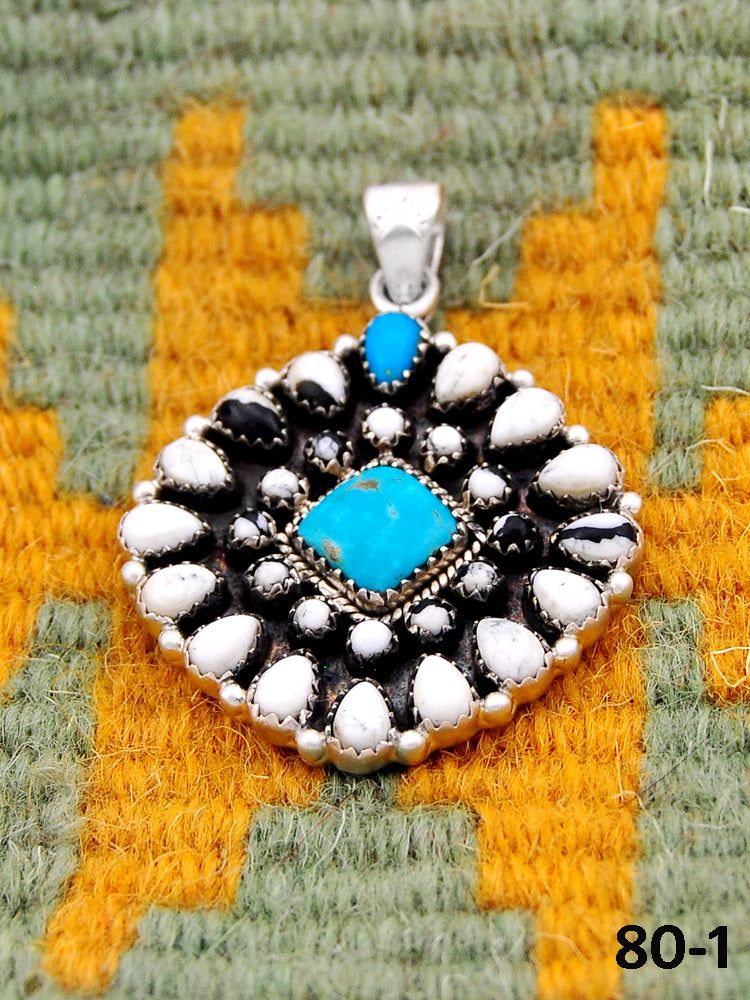 Southwest Handmade Santa Maria Turquoise with White Buffalo & Sterling Silver Pendants