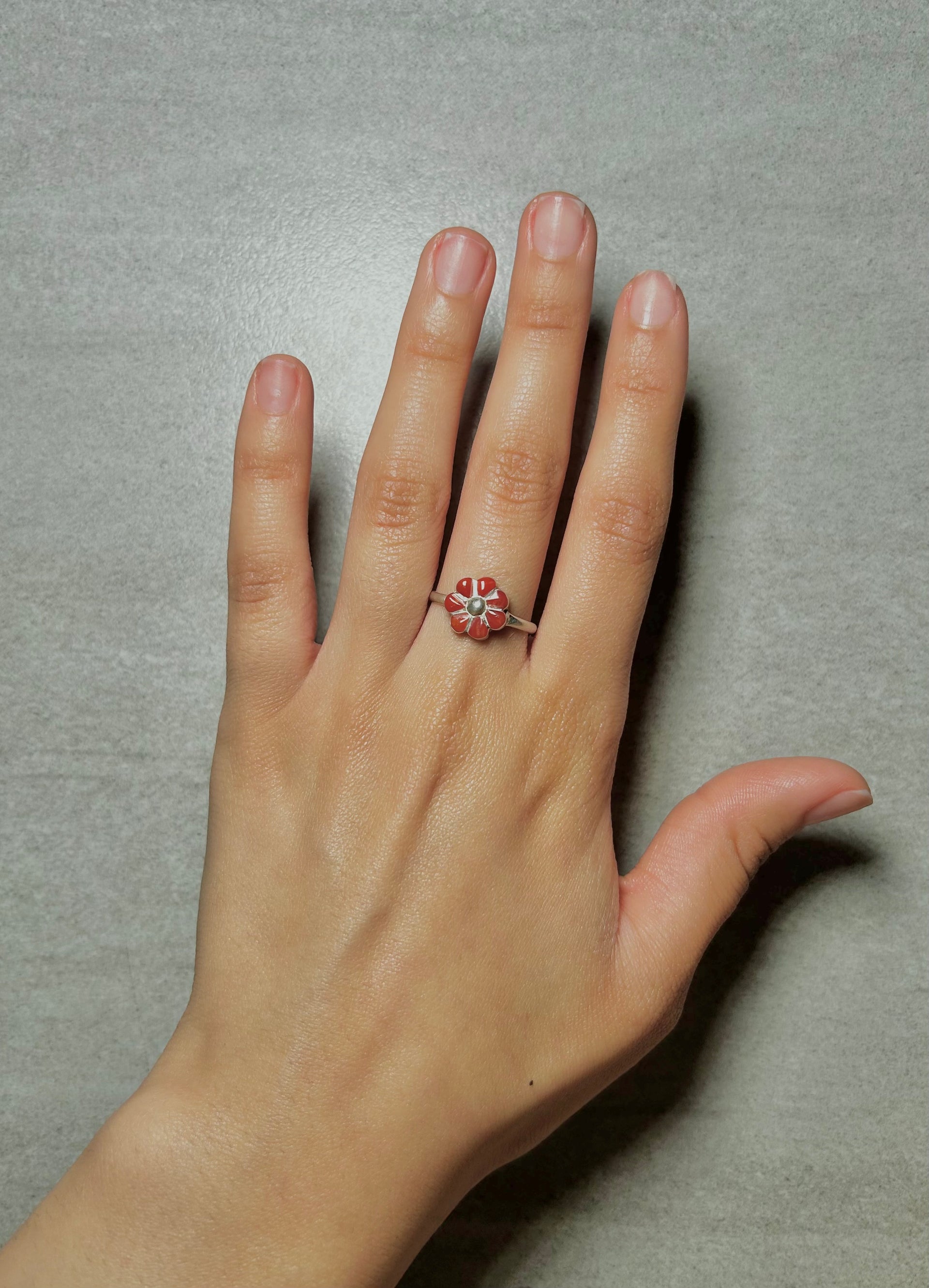 Zuni Red Coral & Sterling Silver Ring Size 8