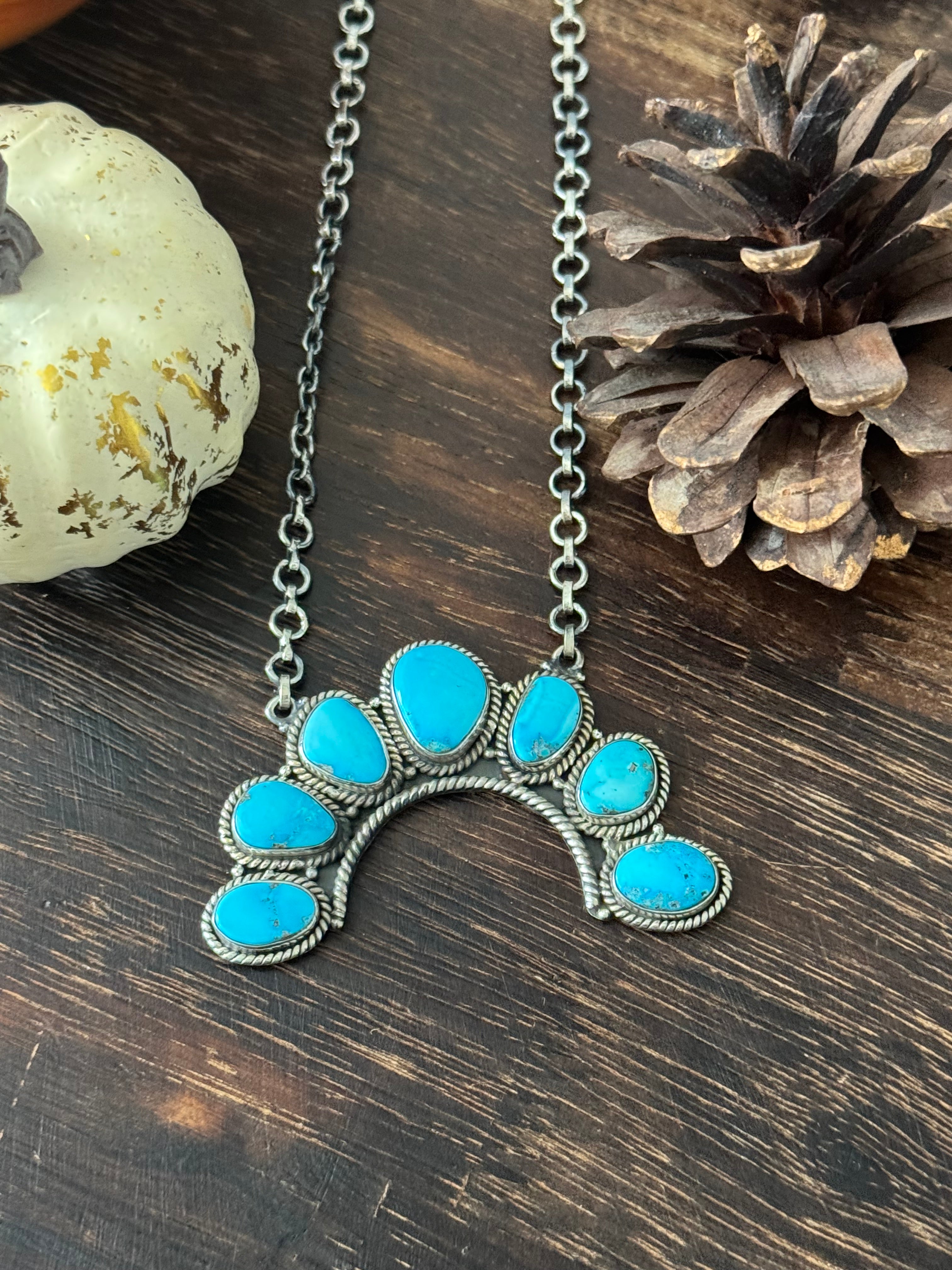 Southwest Valley Blue Turquoise & Sterling Silver Cluster Necklace