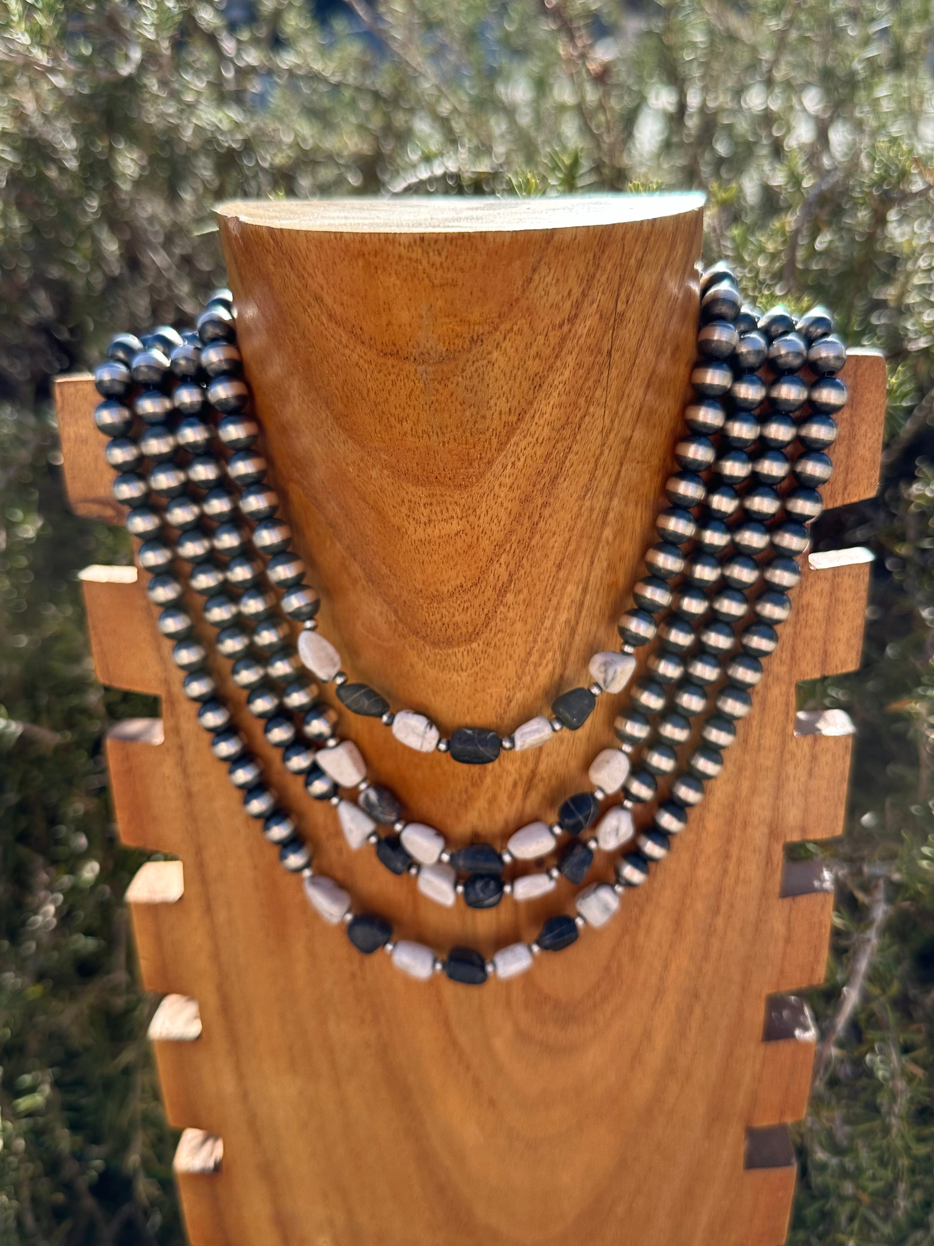 Navajo Strung White Buffalo & Sterling Silver 8 MM Pearl Necklaces