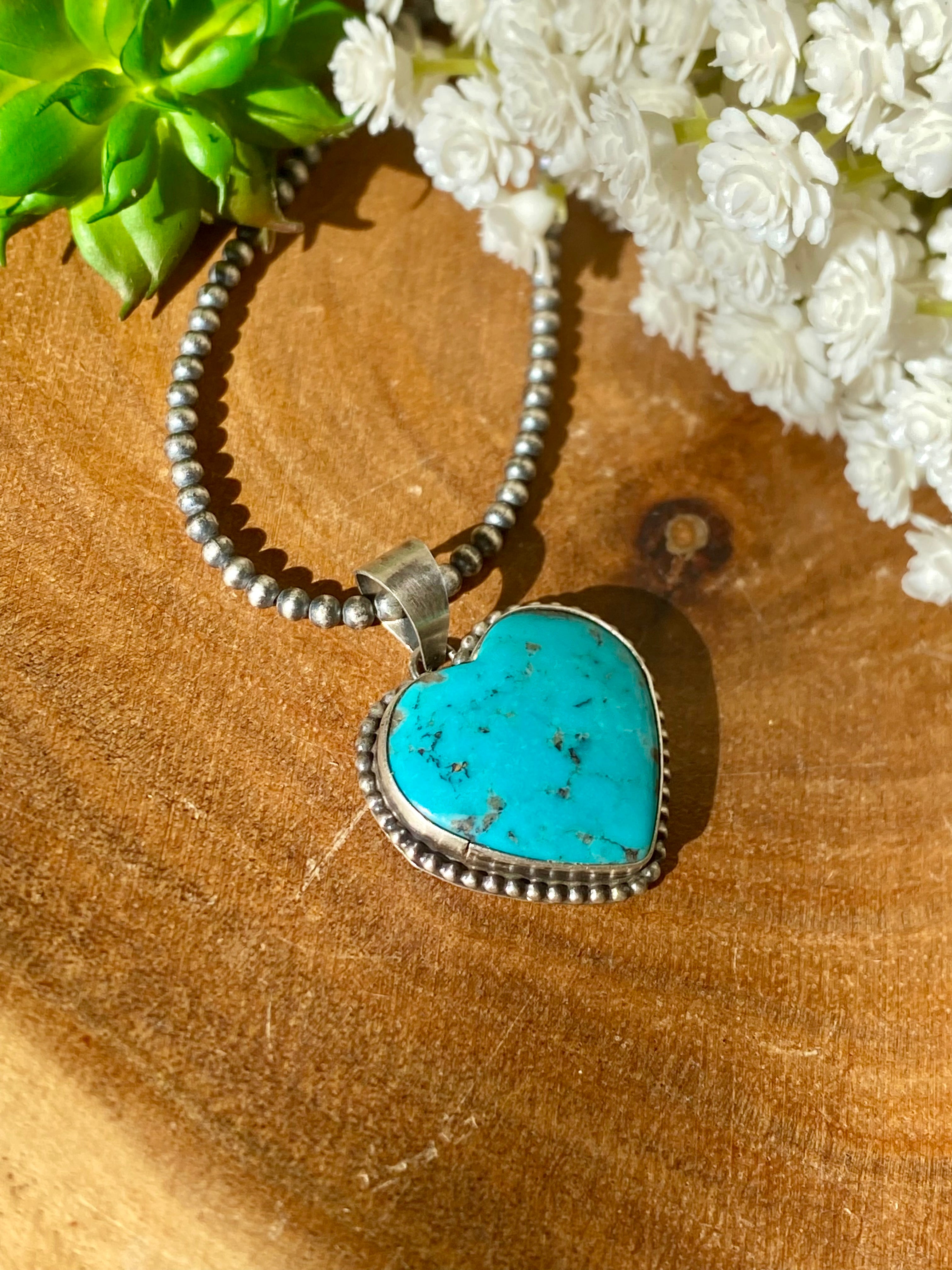 Navajo Made Kingman Turquoise & Sterling Silver Heart Shape PENDANT ONLY