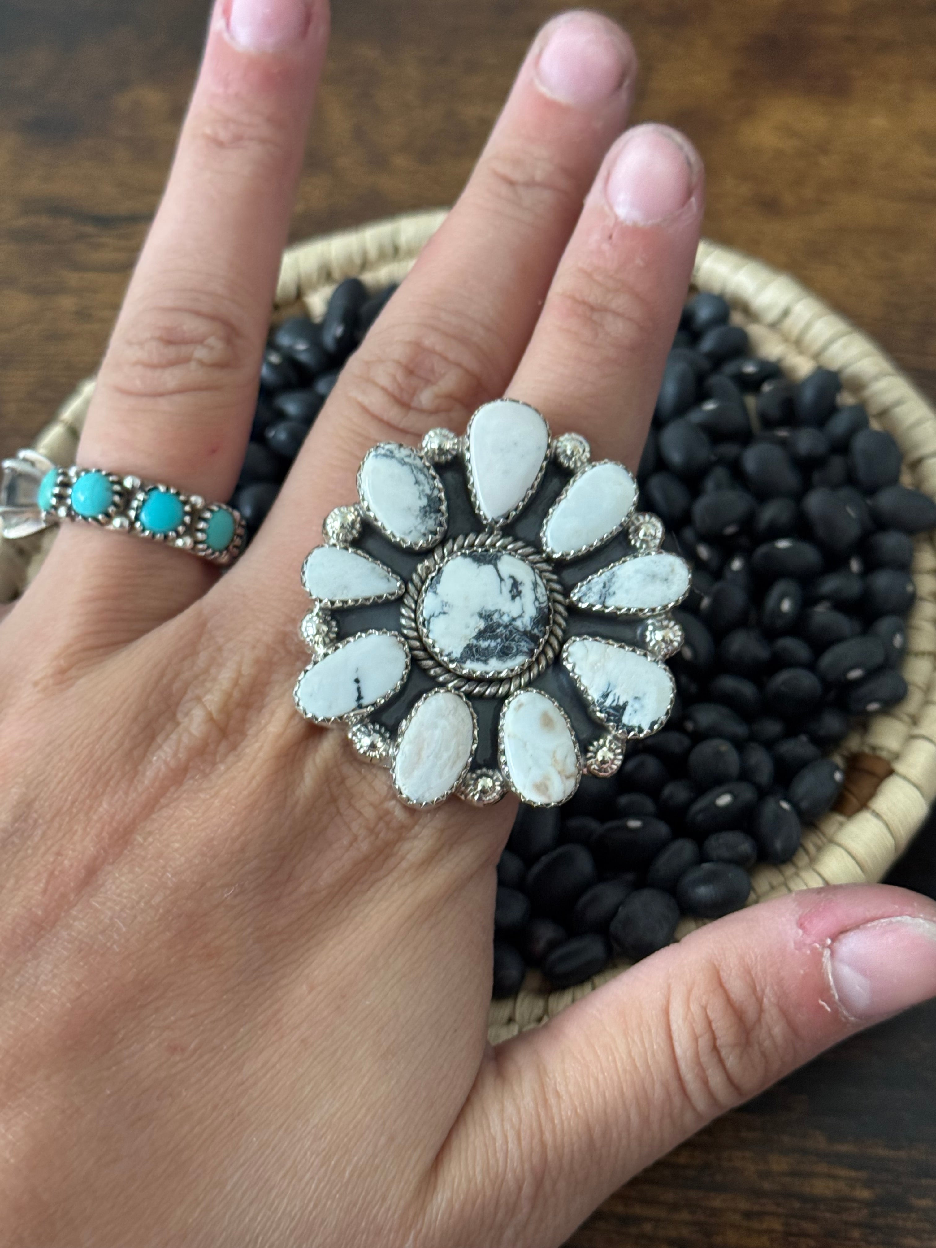 Southwest Handmade White Buffalo & Sterling Silver Adjustable Cluster Ring