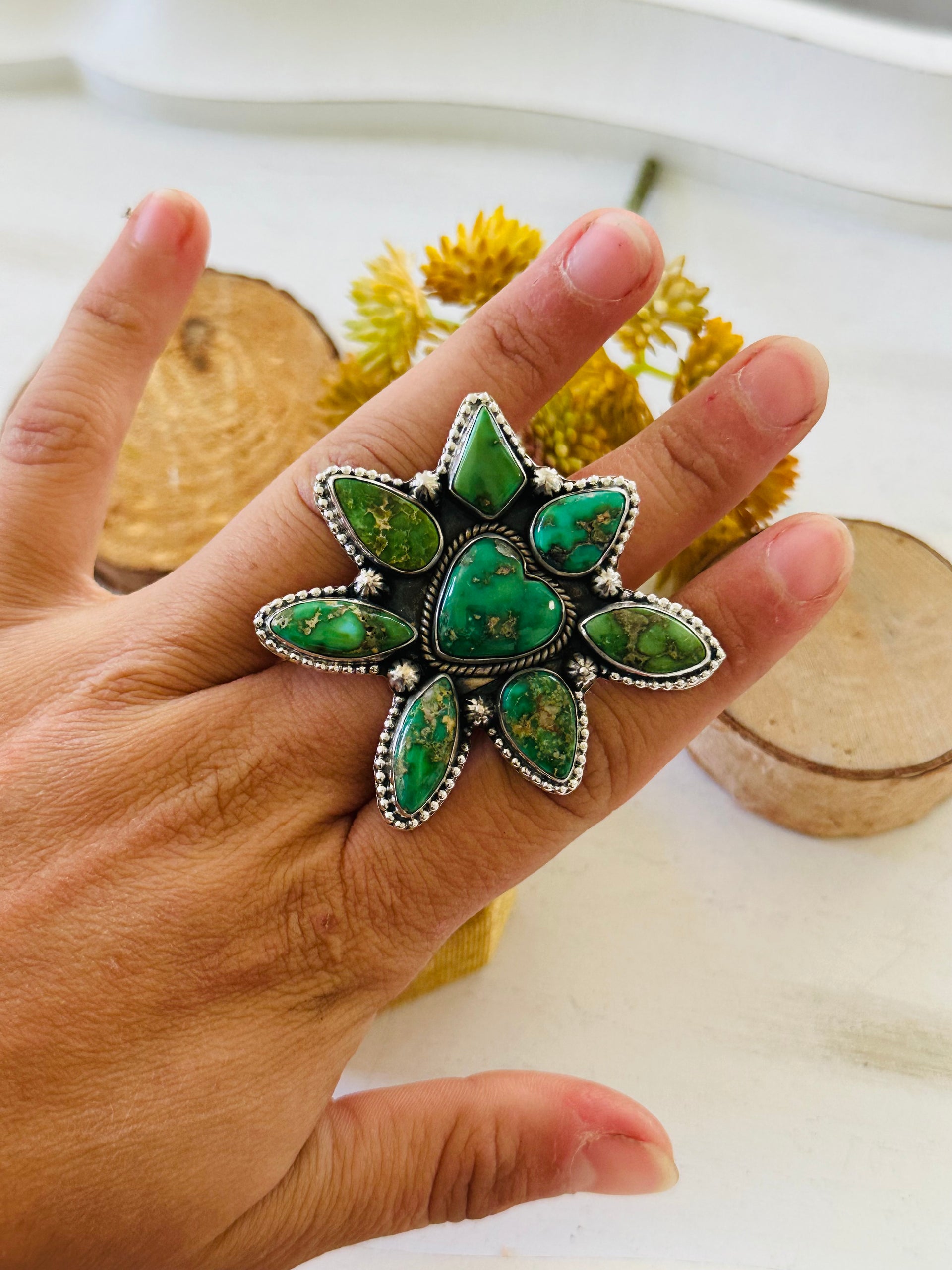 Southwest Handmade Sonoran Mountain Turquoise & Sterling Silver Adjustable Cluster Ring