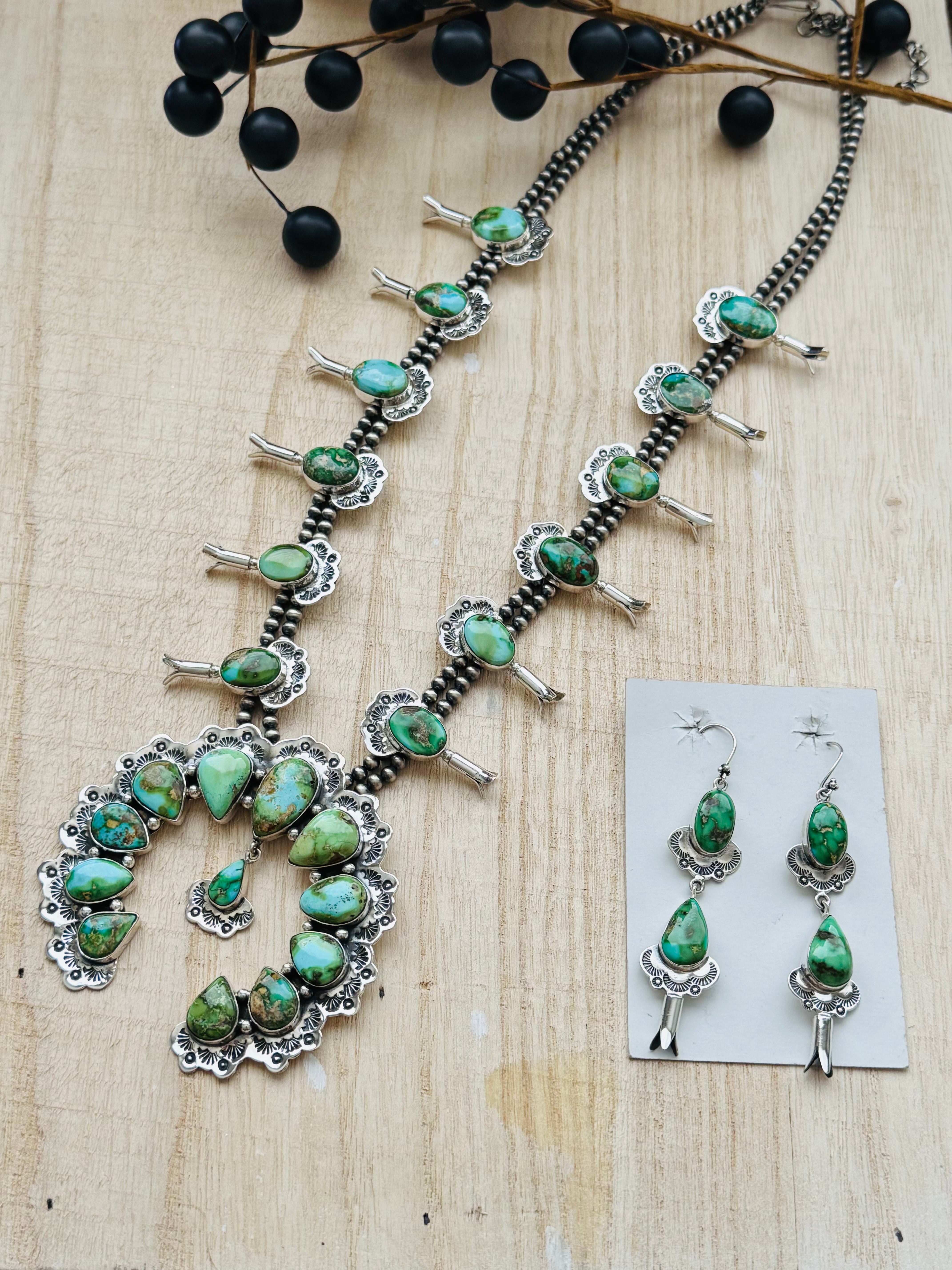 Southwest Sonoran Mountain Turquoise & Sterling Silver Squash Blossom Necklace Set