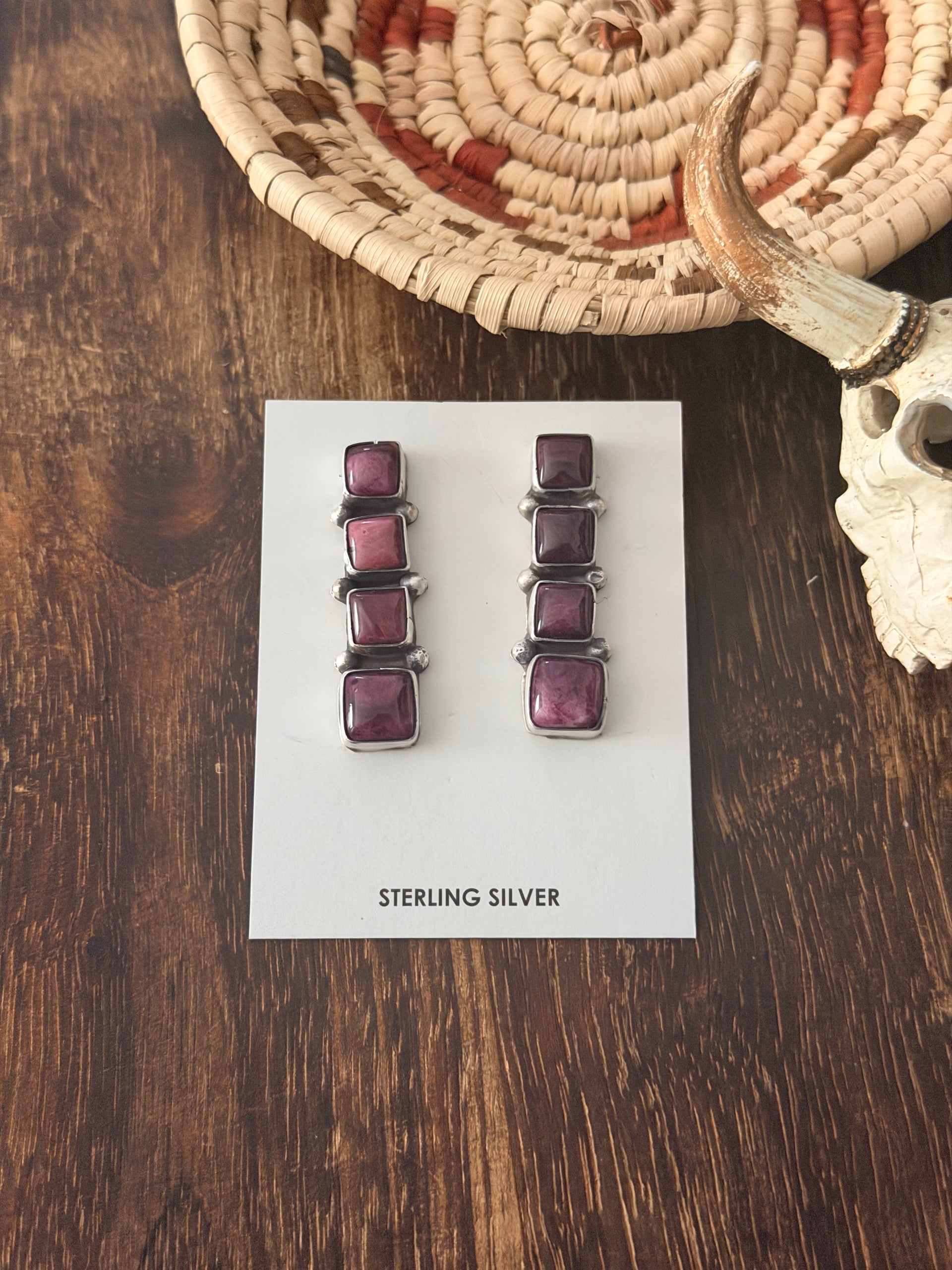 Navajo Made Spiny Oyster & Sterling Silver Post Dangle Earrings