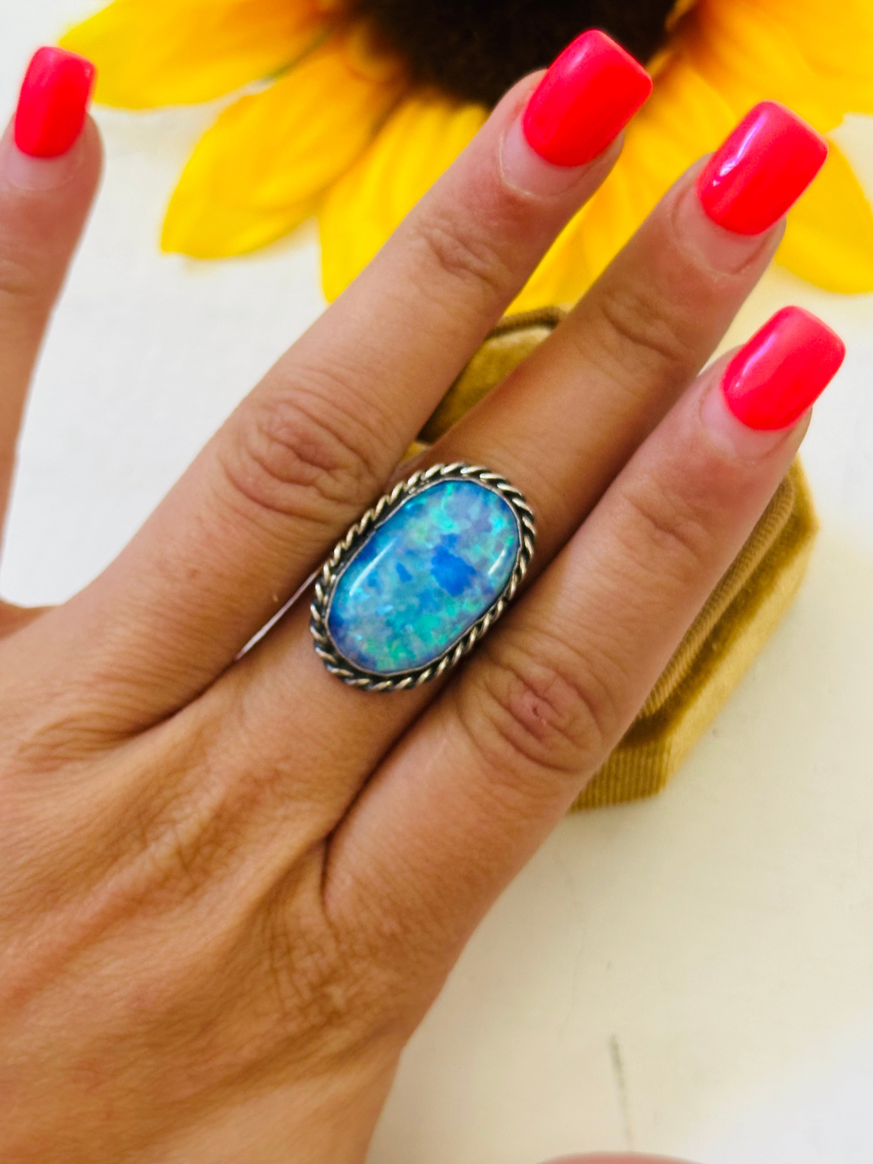 Navajo Made Blue Opal & Sterling Silver Ring Size 6.5