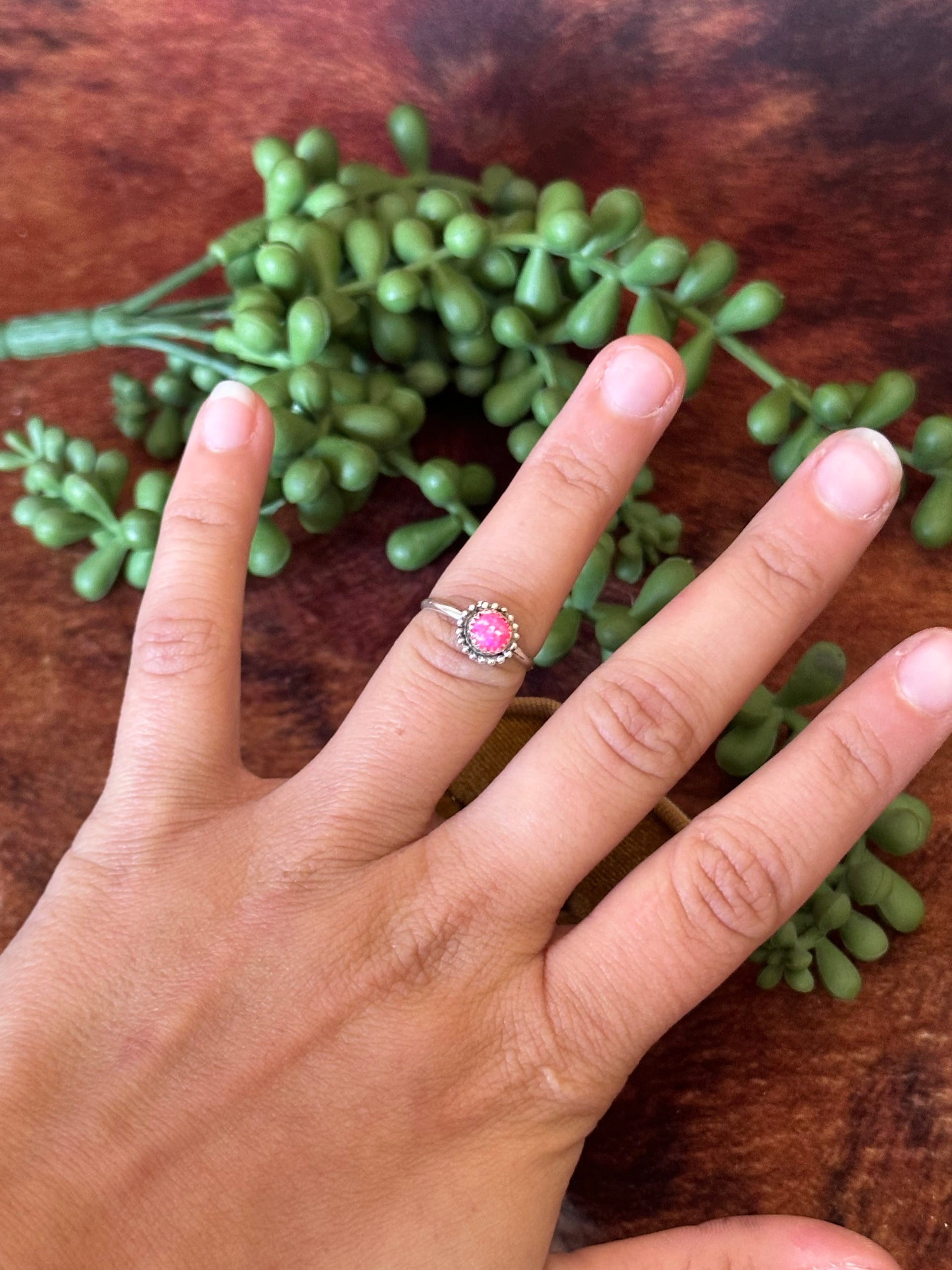 Navajo Made Pink Opal (Man-Made) & Sterling Silver Ring