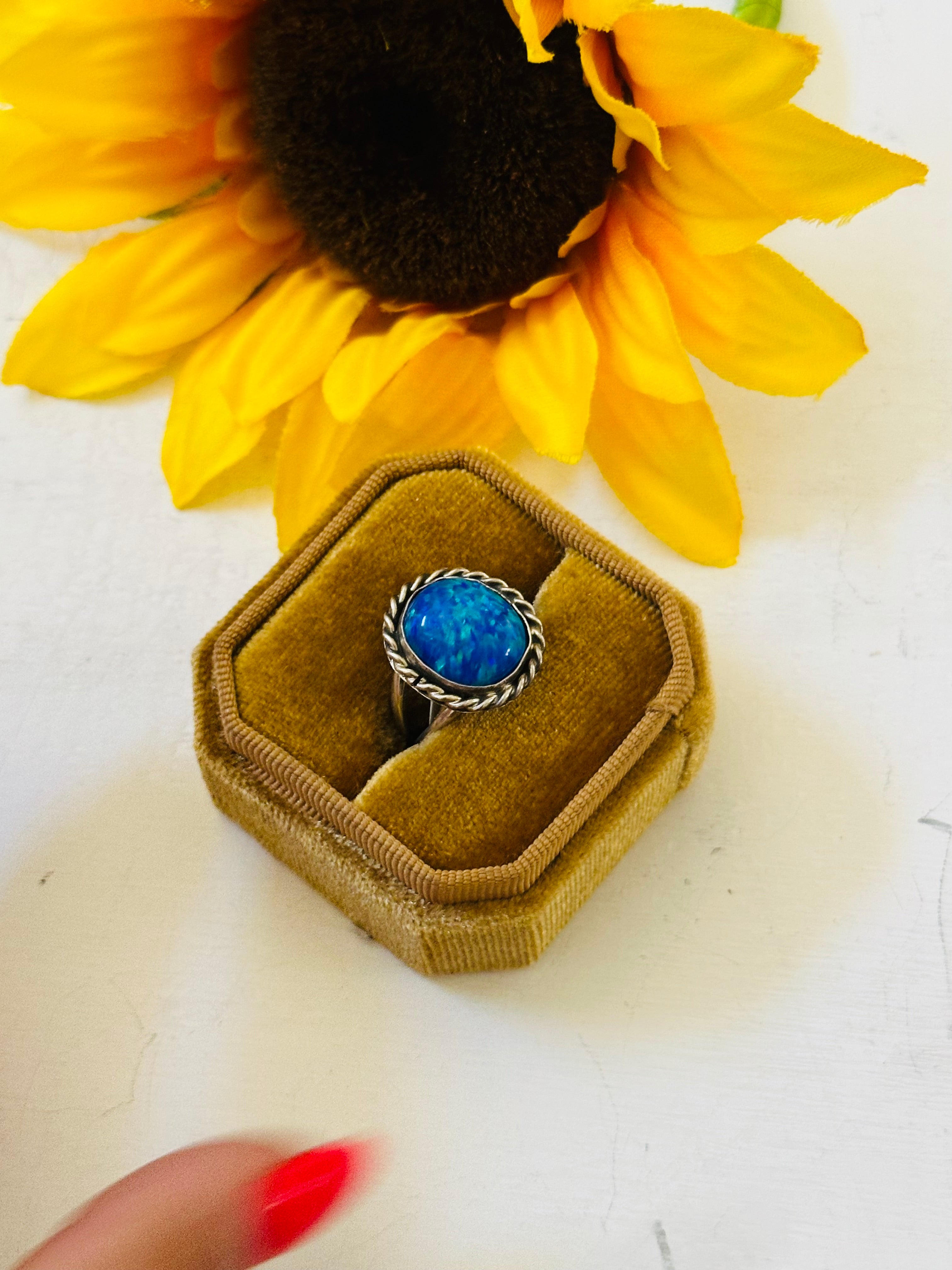 Navajo Made Blue Opal & Sterling Silver Ring Size 6.75