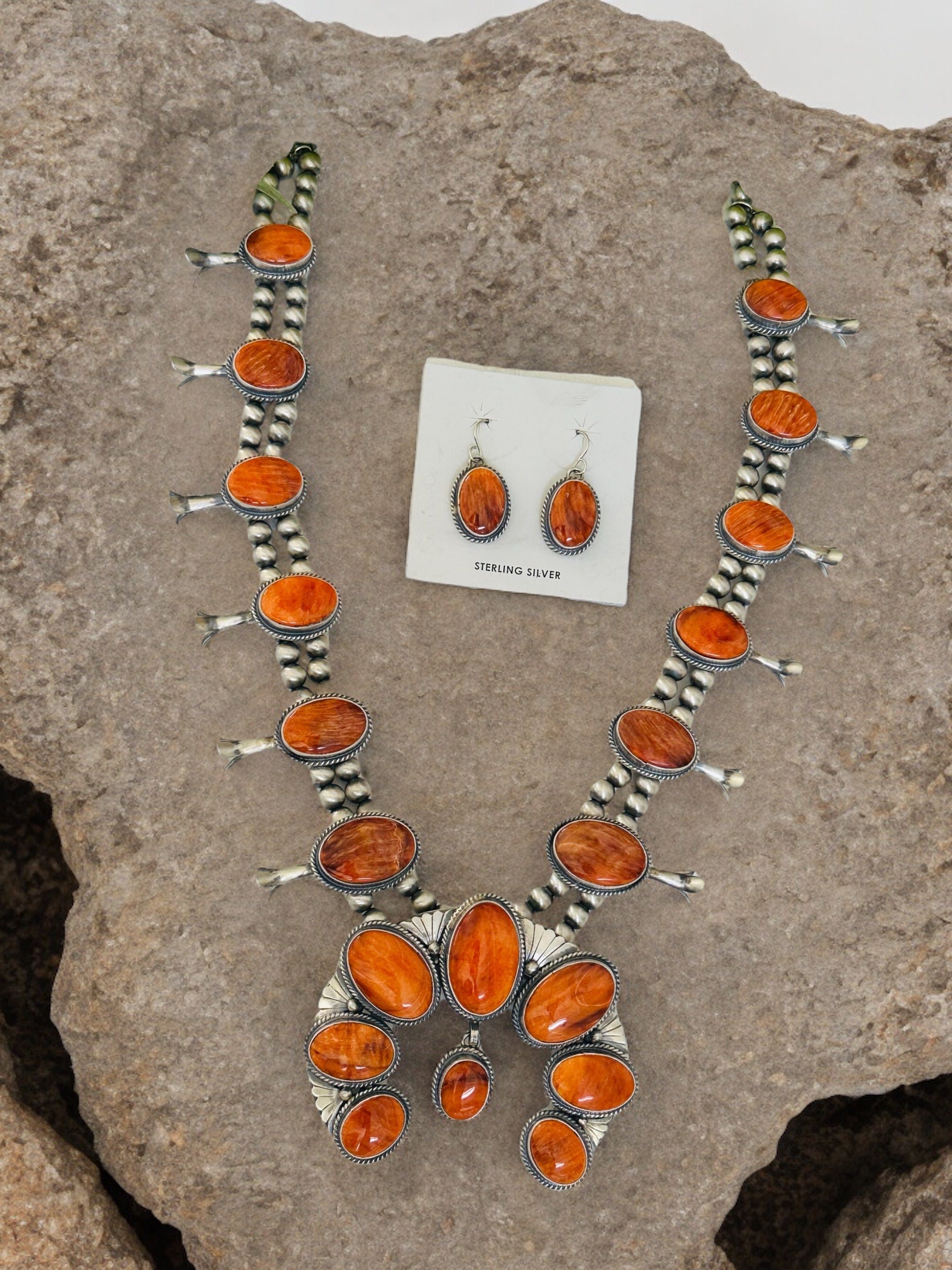 Thomas Francisco Spiny Oyster & Sterling Silver Squash Blossom Necklace Set