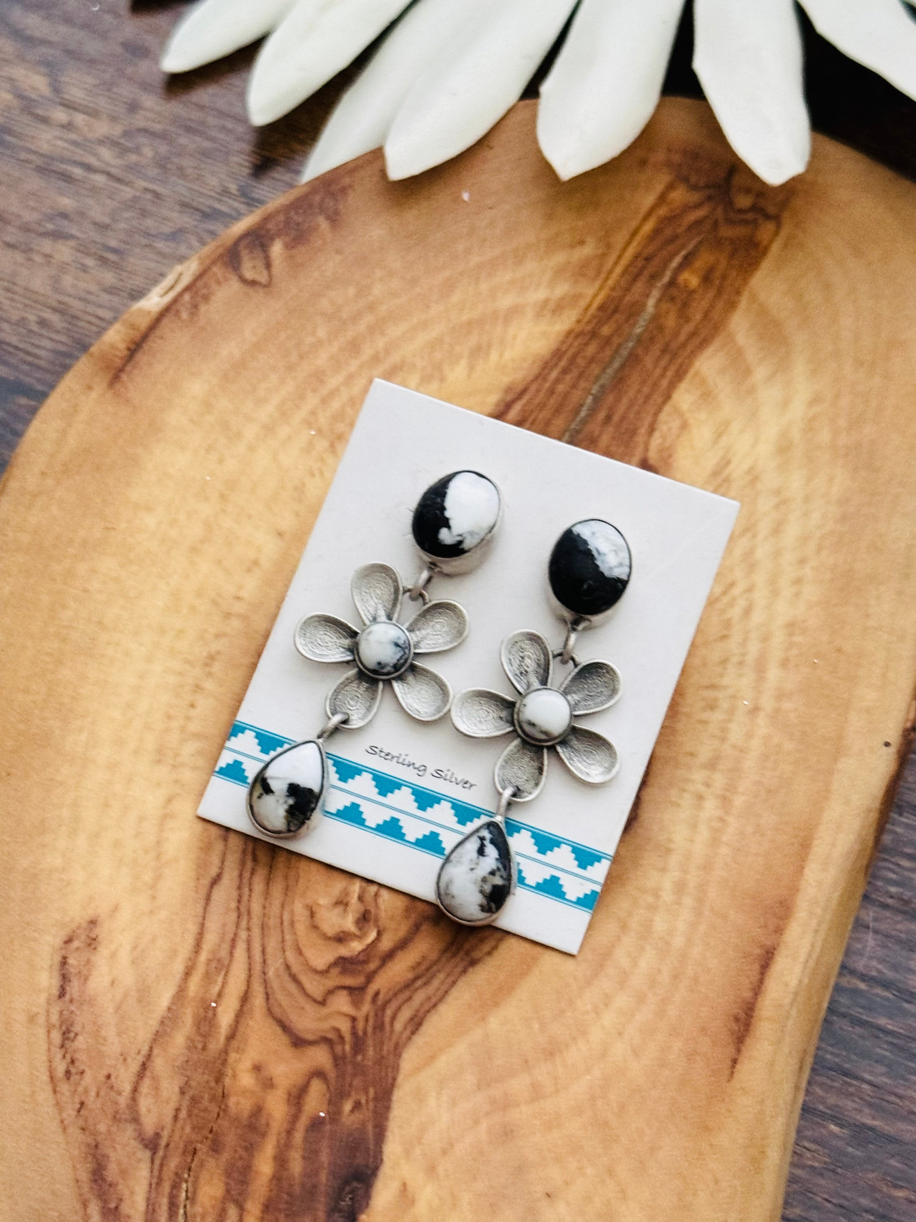 Southwest Handmade White Buffalo & Sterling Silver Post Dangle Flower Earrings