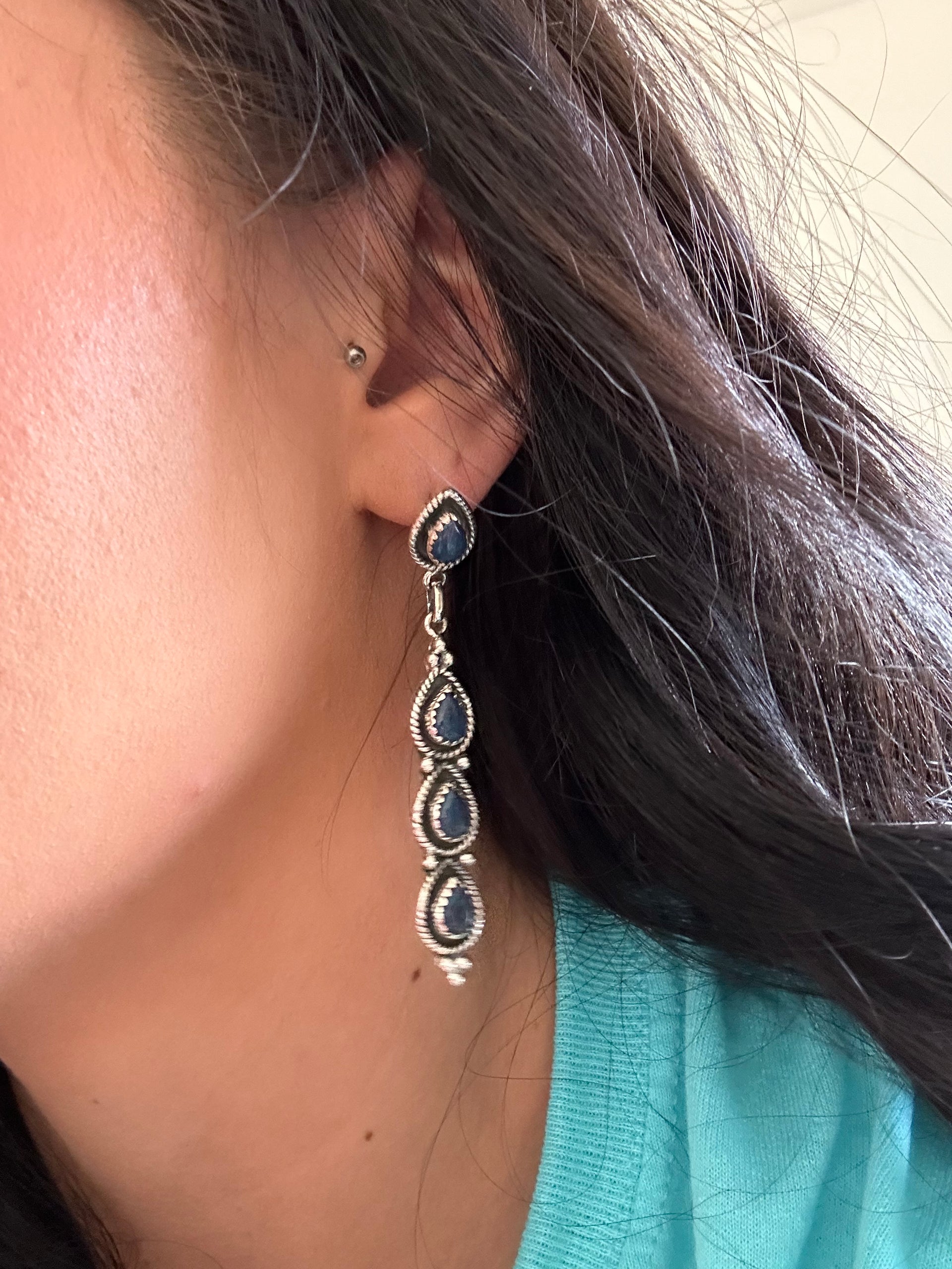 Southwest Handmade Blue Opal & Sterling Silver Post Dangle Earrings