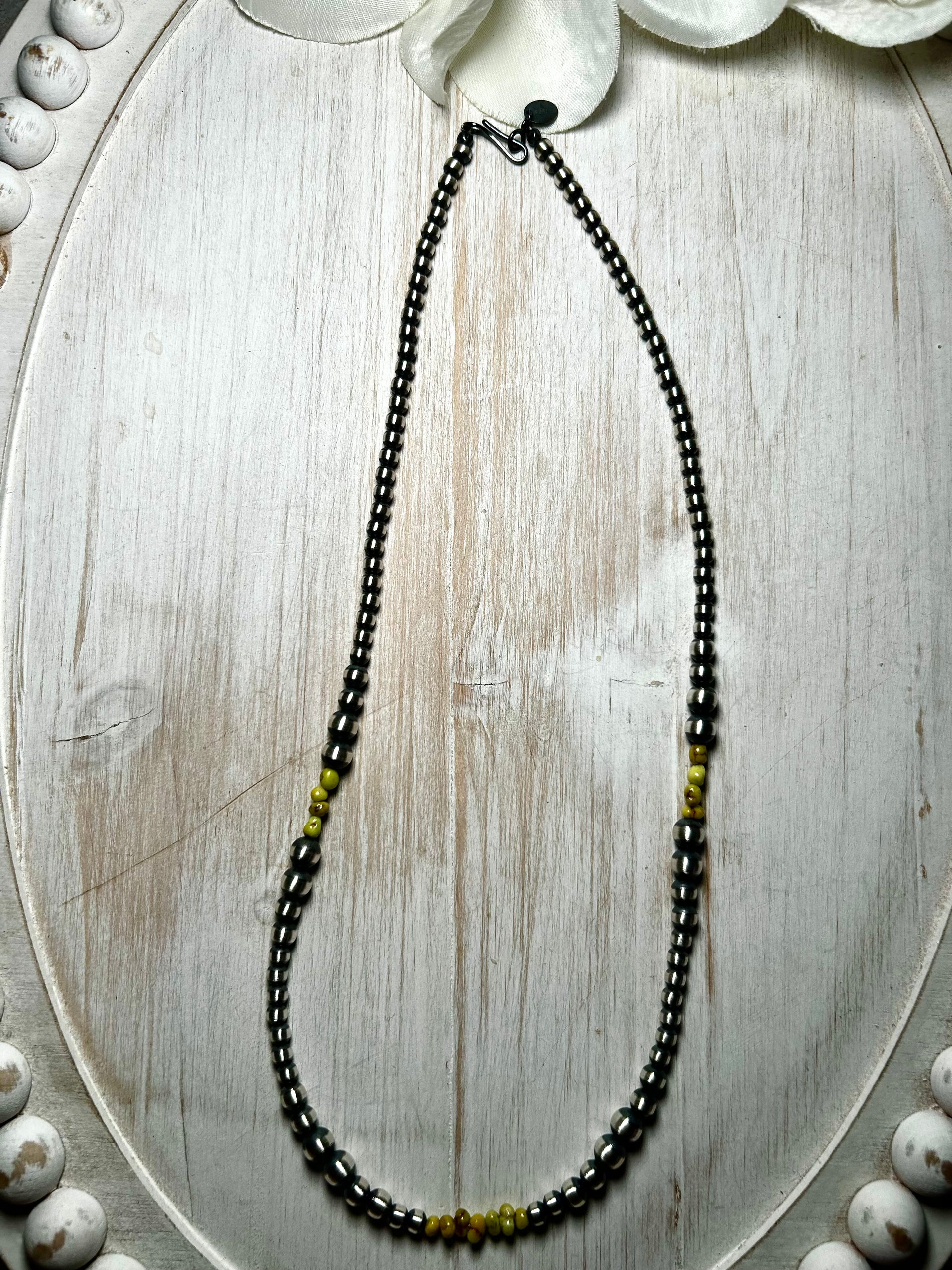 Navajo Strung Palomino Variscite & Sterling Silver Necklace