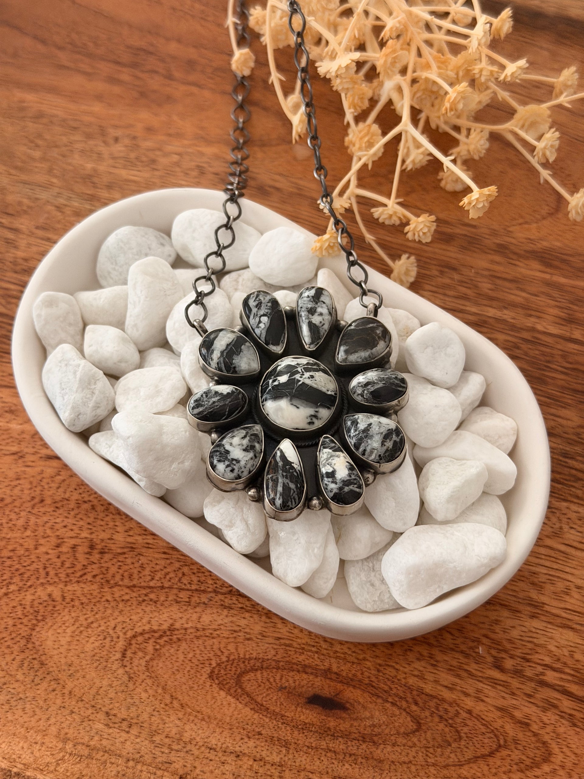 Navajo Made White Buffalo & Sterling Silver Cluster Necklace