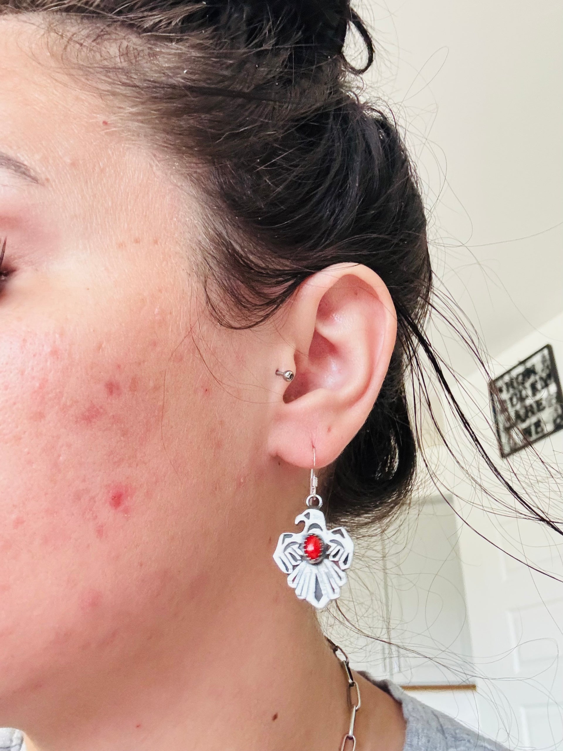 Genevieve Francisco Coral & Sterling Silver Dangle Thunderbird Earrings