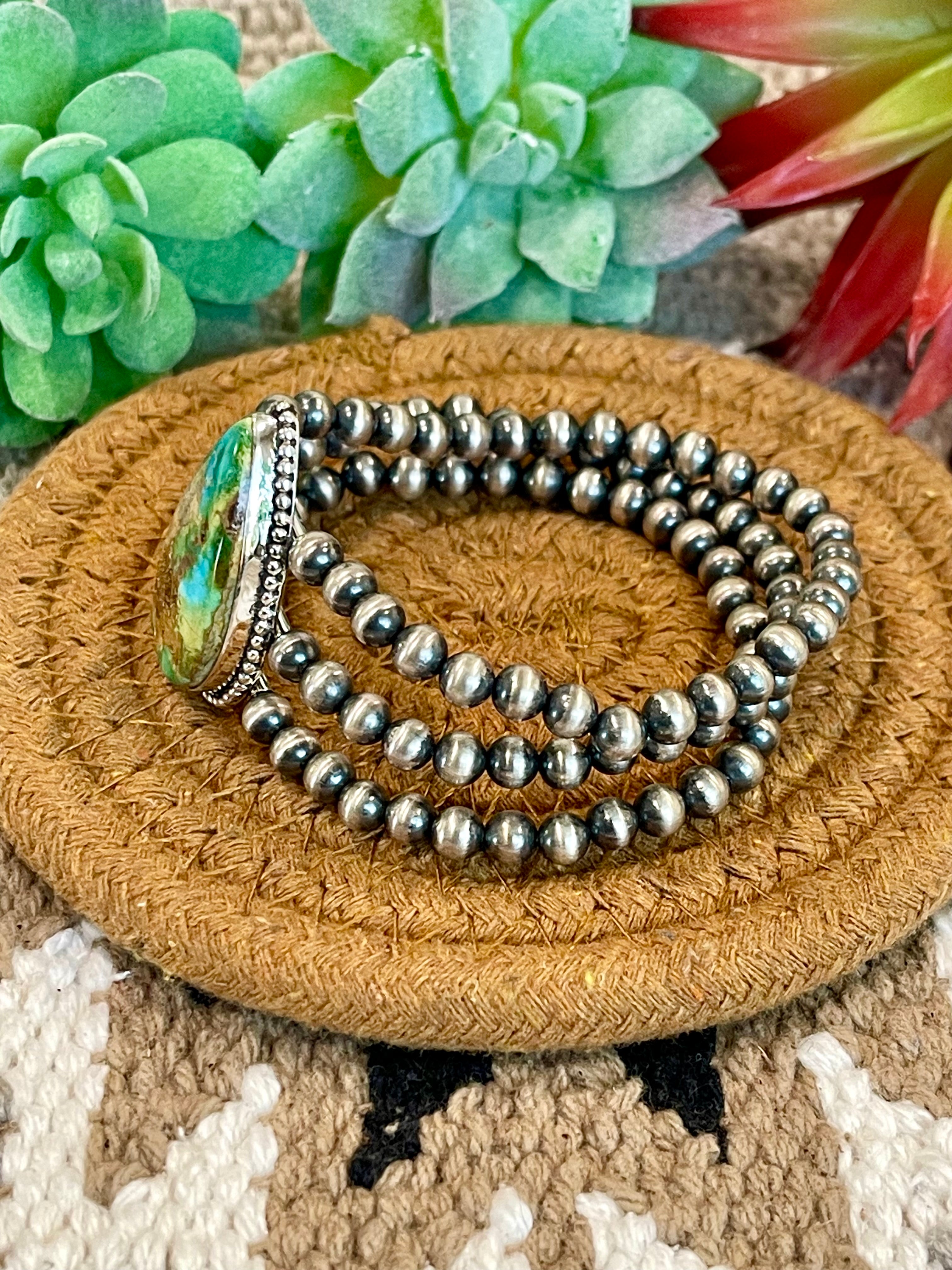 Southwest Handmade Sonoran Mountain Turquoise & Sterling Silver 3 Strand Beaded Stretch Bracelet