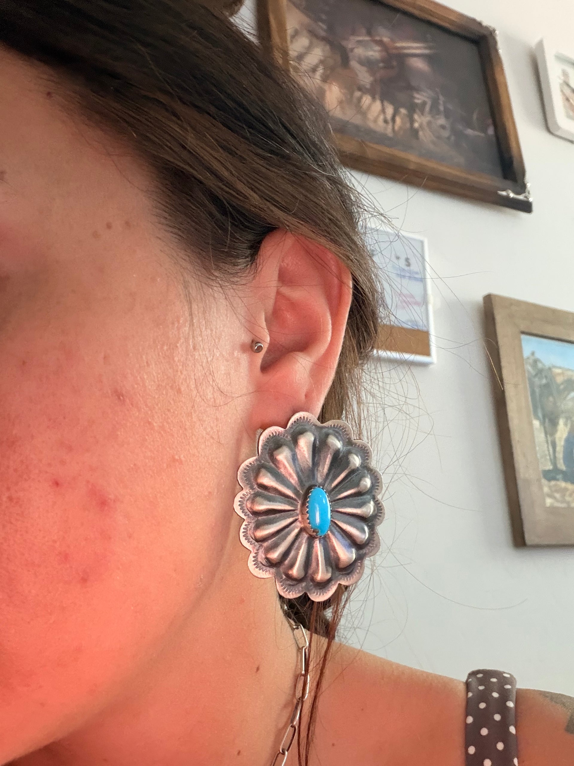 Navajo Made Kingman Turquoise & Sterling Silver Post Concho Earrings