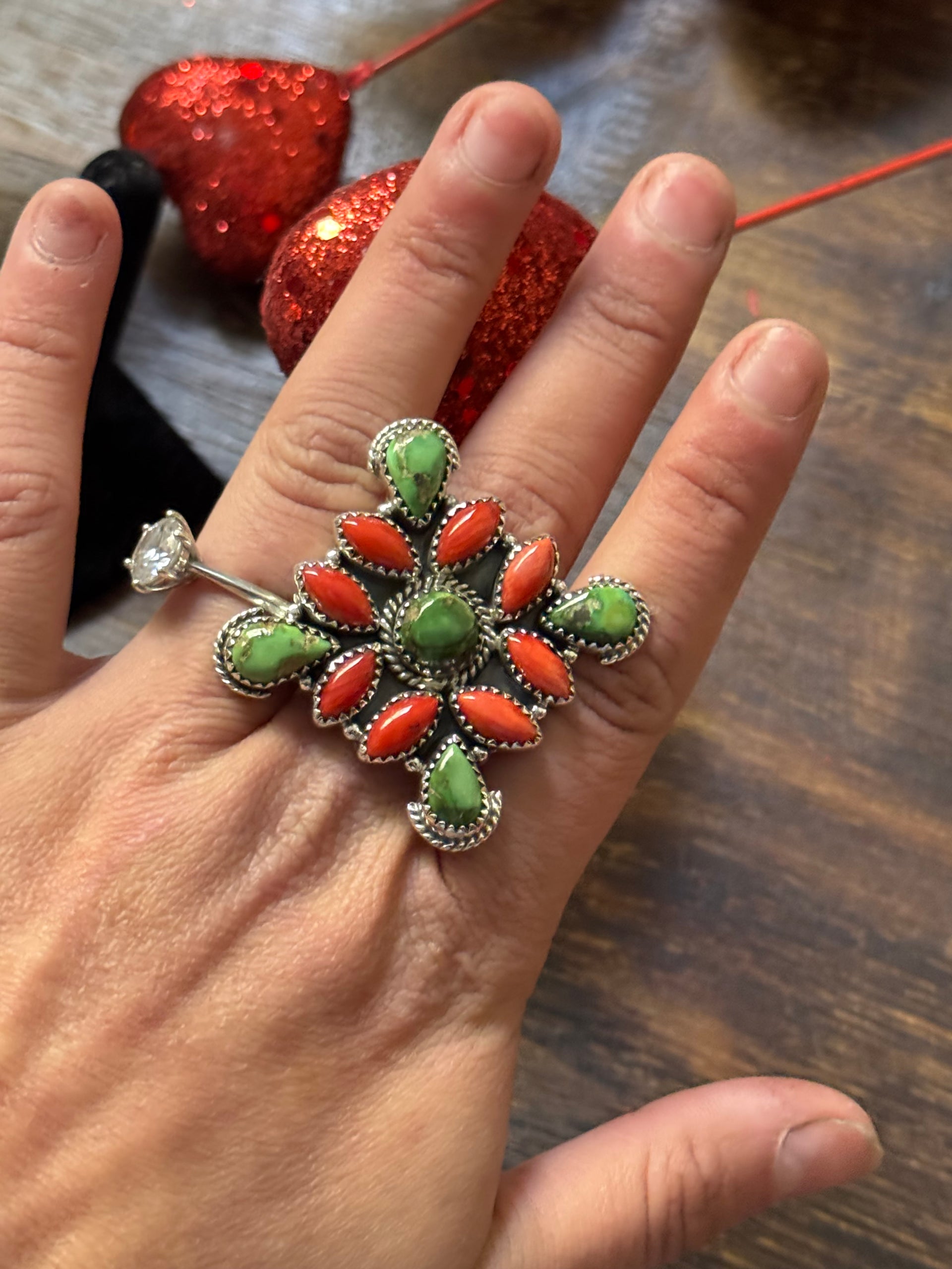 Southwest Handmade Multi Stone & Sterling Silver Adjustable Cluster Ring