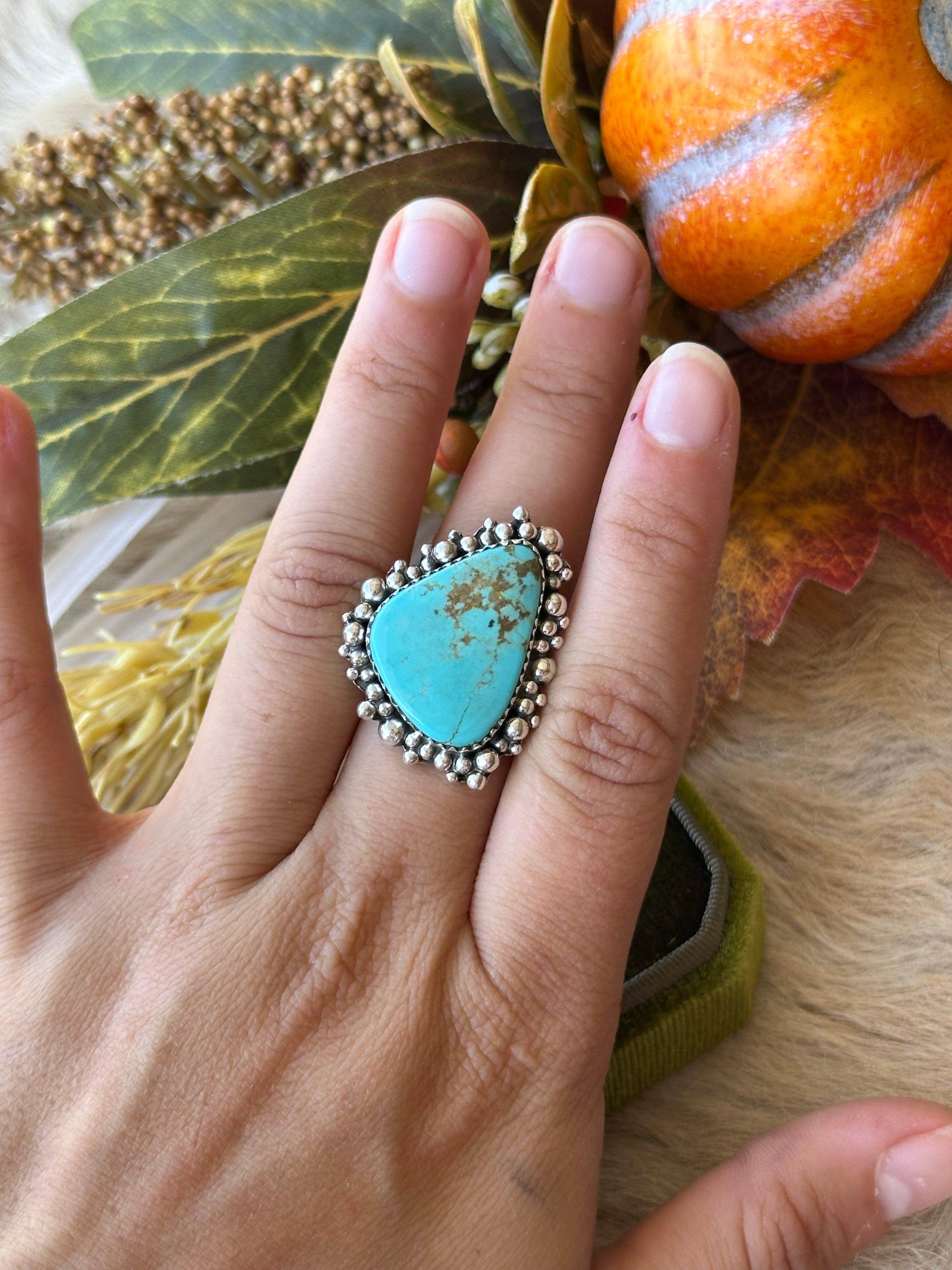 Southwest Handmade #8 Turquoise & Sterling Silver Adjustable Ring