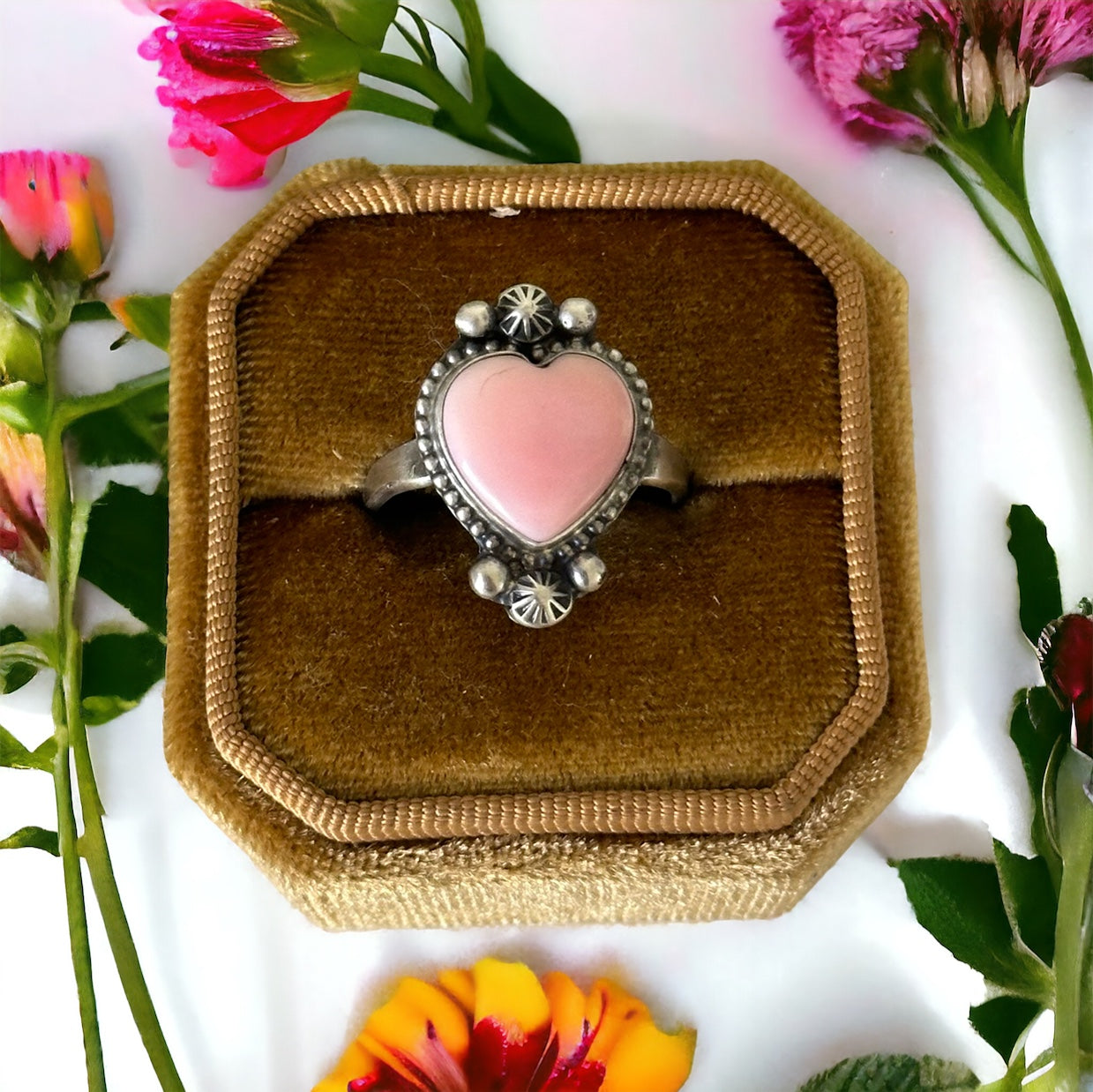 Navajo Made Pink Conch & Sterling Silver Heart Ring