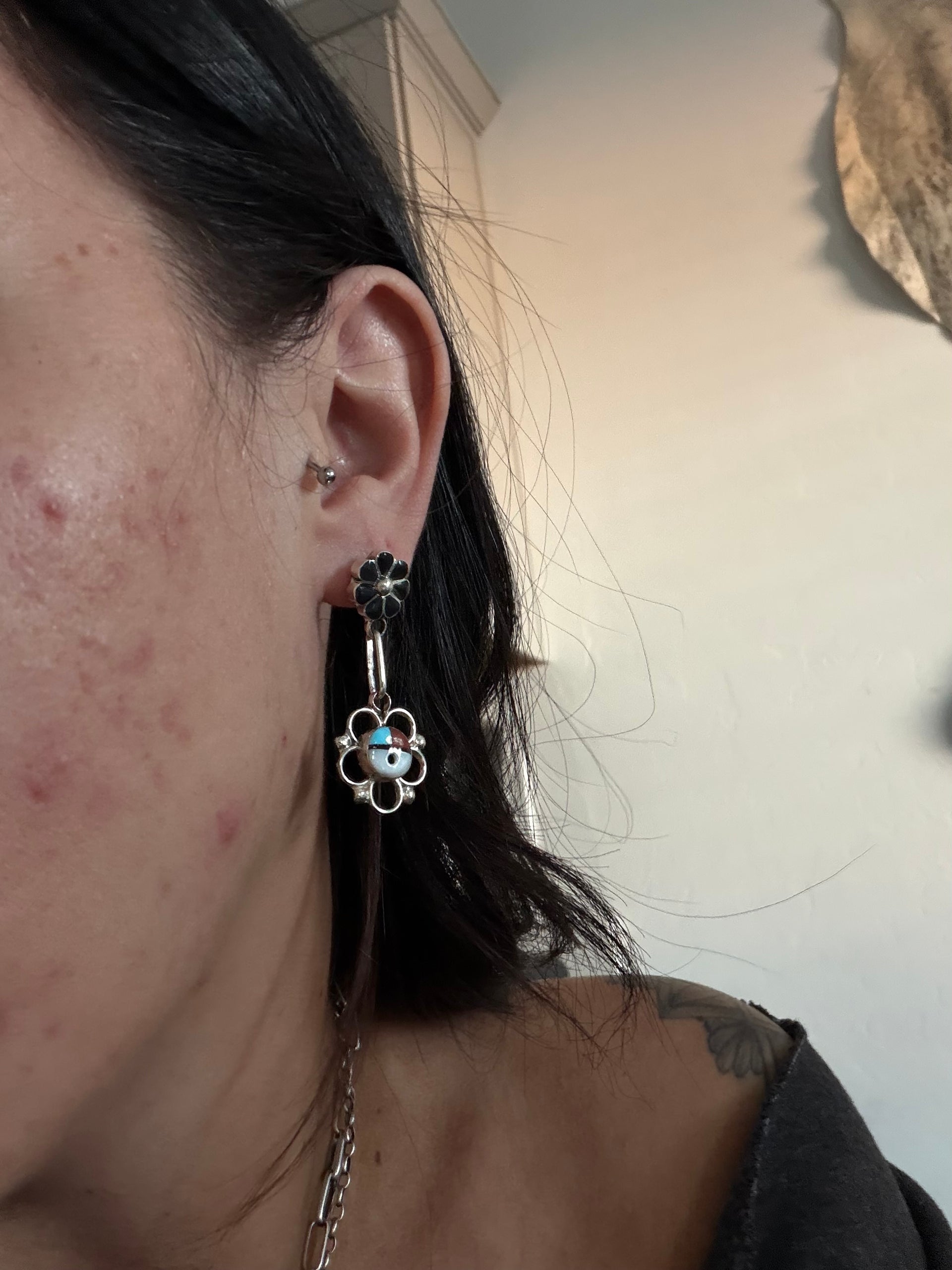 Zuni Made Multi Stone & Sterling Silver Post Dangle Earrings