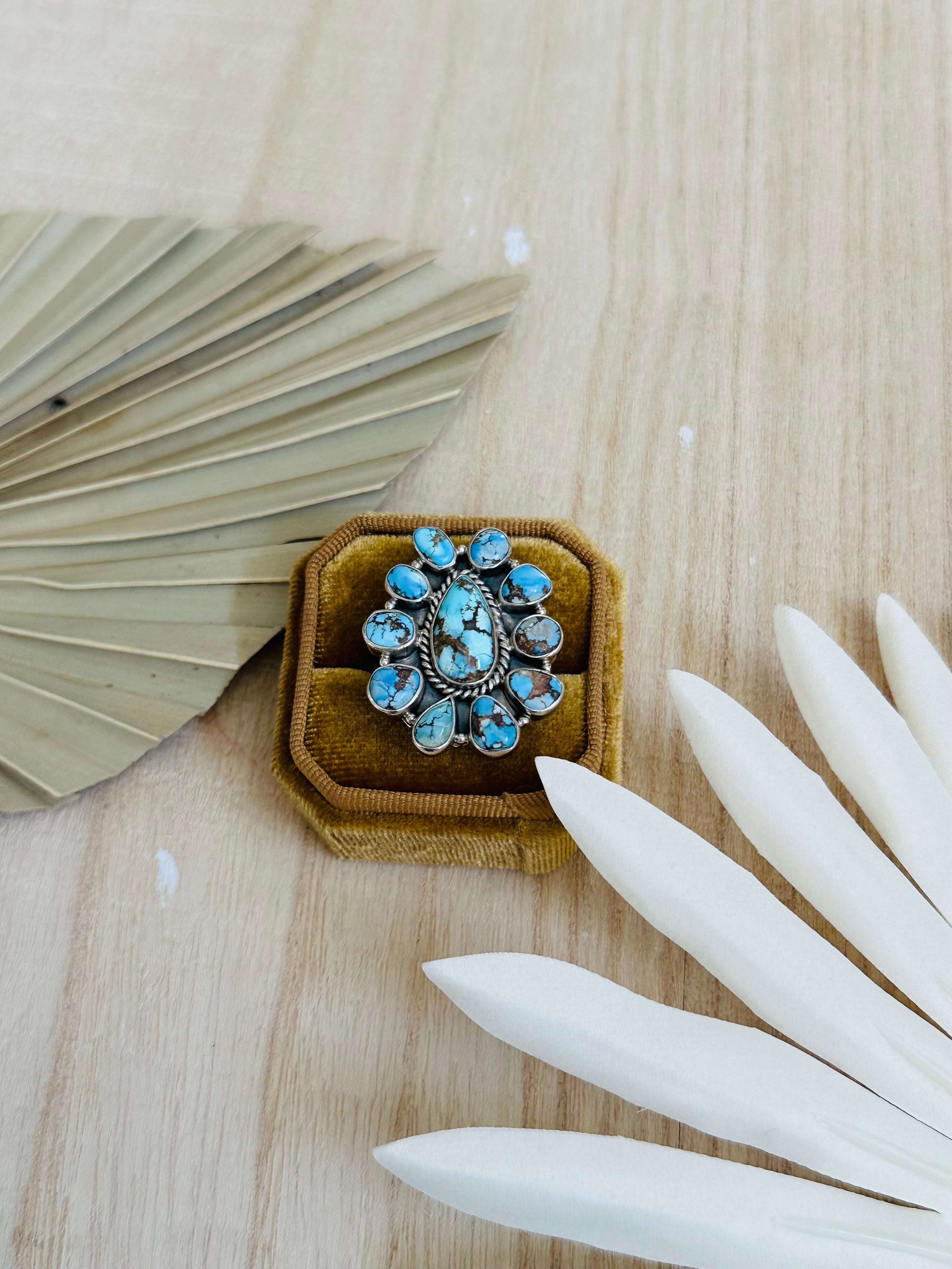 Southwest Handmade Golden Hills Turquoise & Sterling Silver Adjustable Cluster Ring