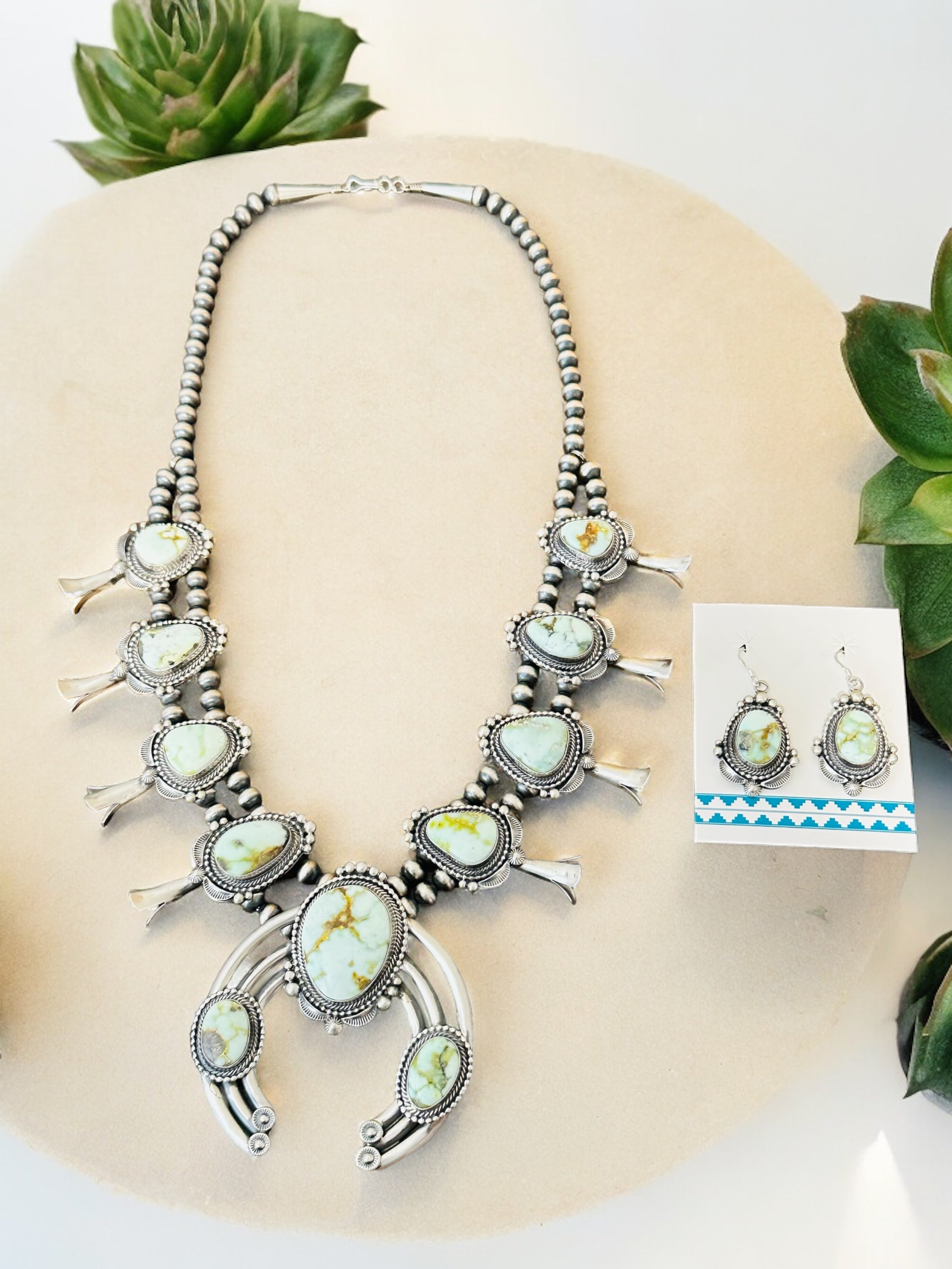 Tom Lewis Palomino Variscite & Sterling Silver Squash Necklace Set