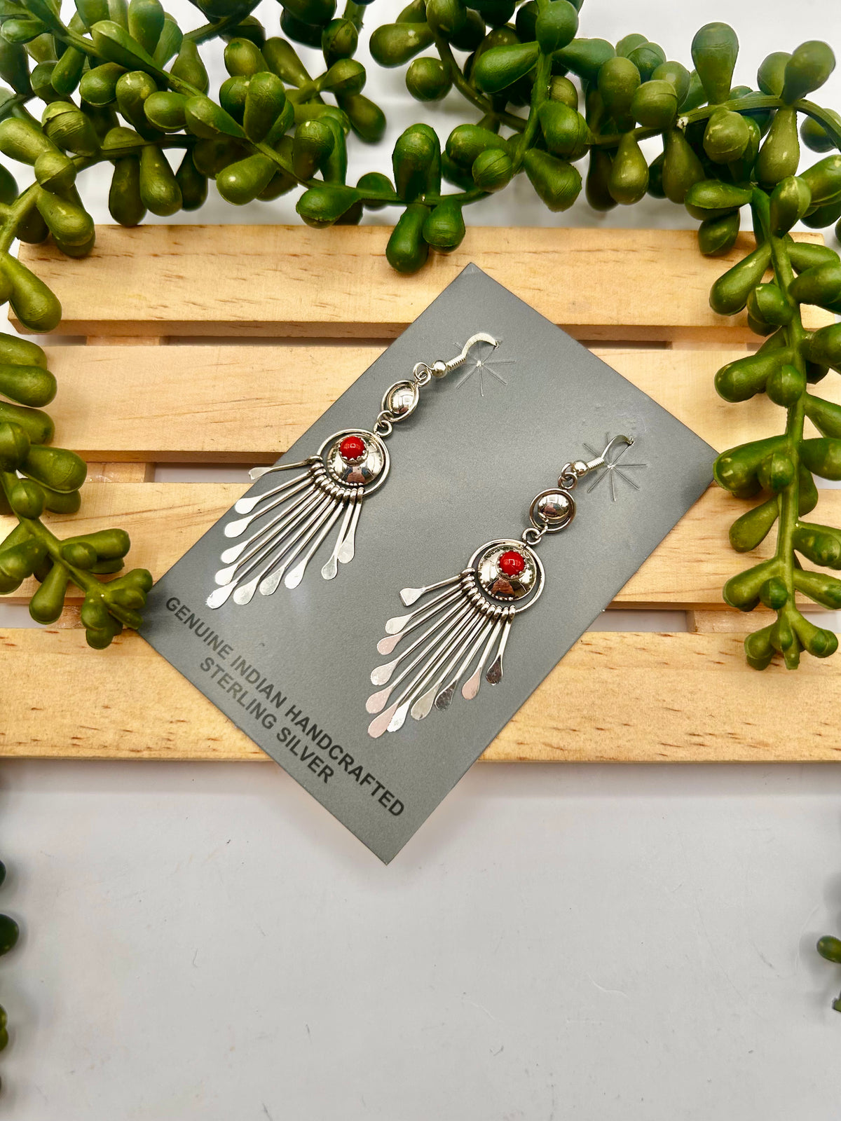 Navajo Made Coral & Sterling Silver Dangle Earrings