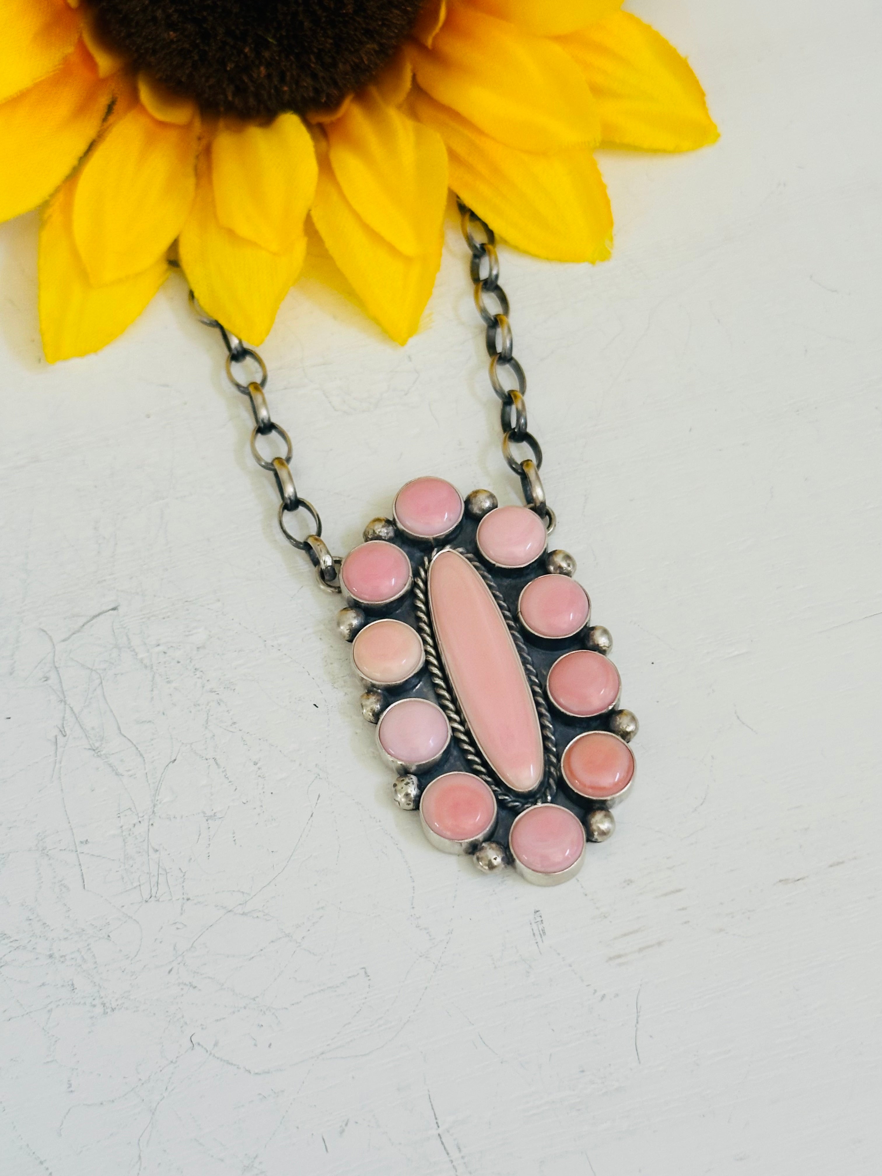 Virginia Sandoval Pink Conch and Sterling Silver Cluster Necklace