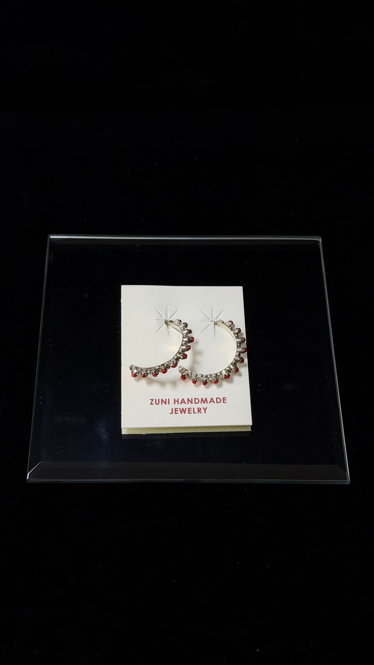 Zuni Made Coral & Sterling Silver Post Dangle Hoop Earrings