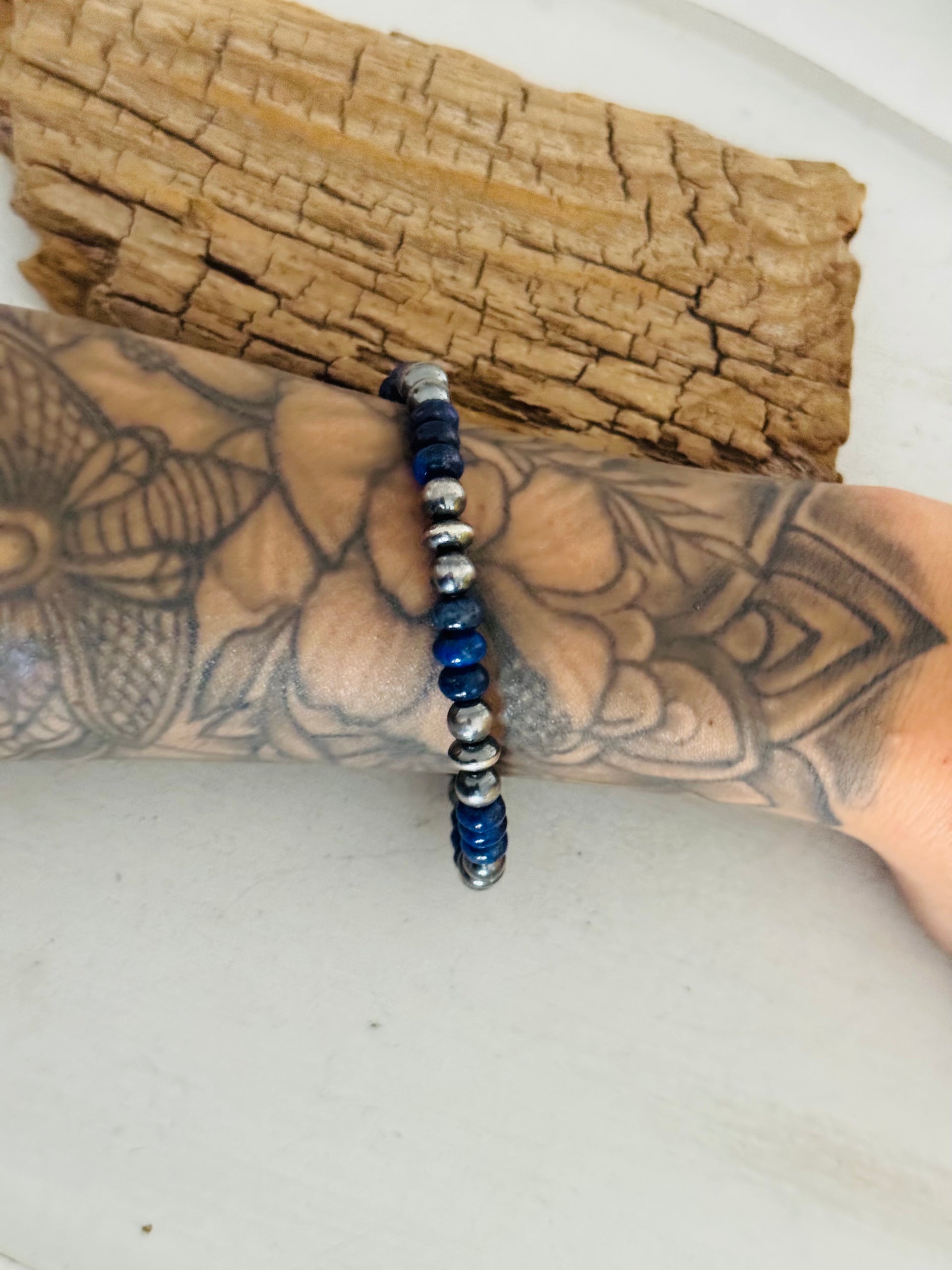 Navajo Strung Lapis & Sterling Silver Pearl Beaded Stretch Bracelet