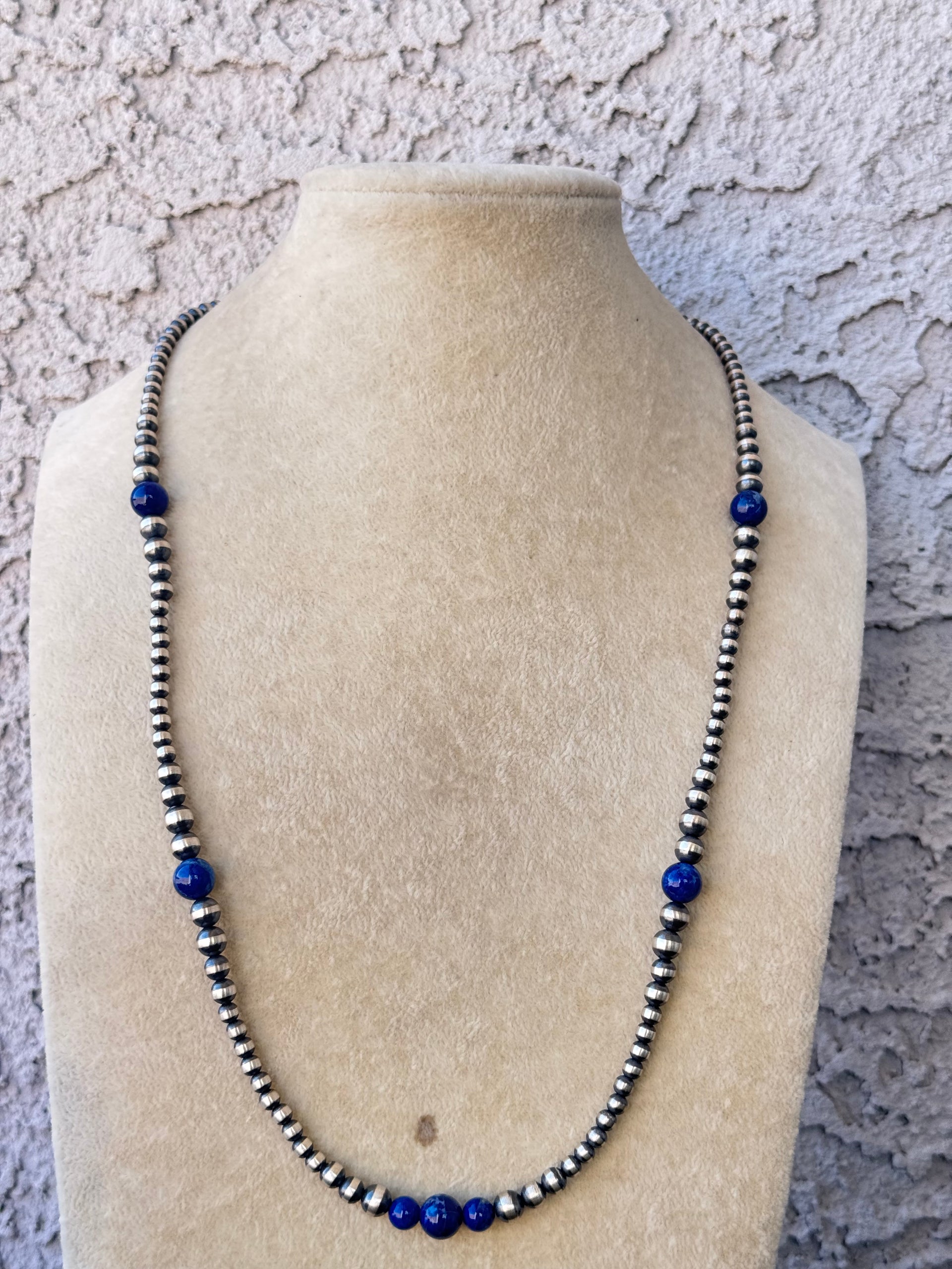 Navajo Strung Lapis & Sterling Silver Graduated Pearl Necklace