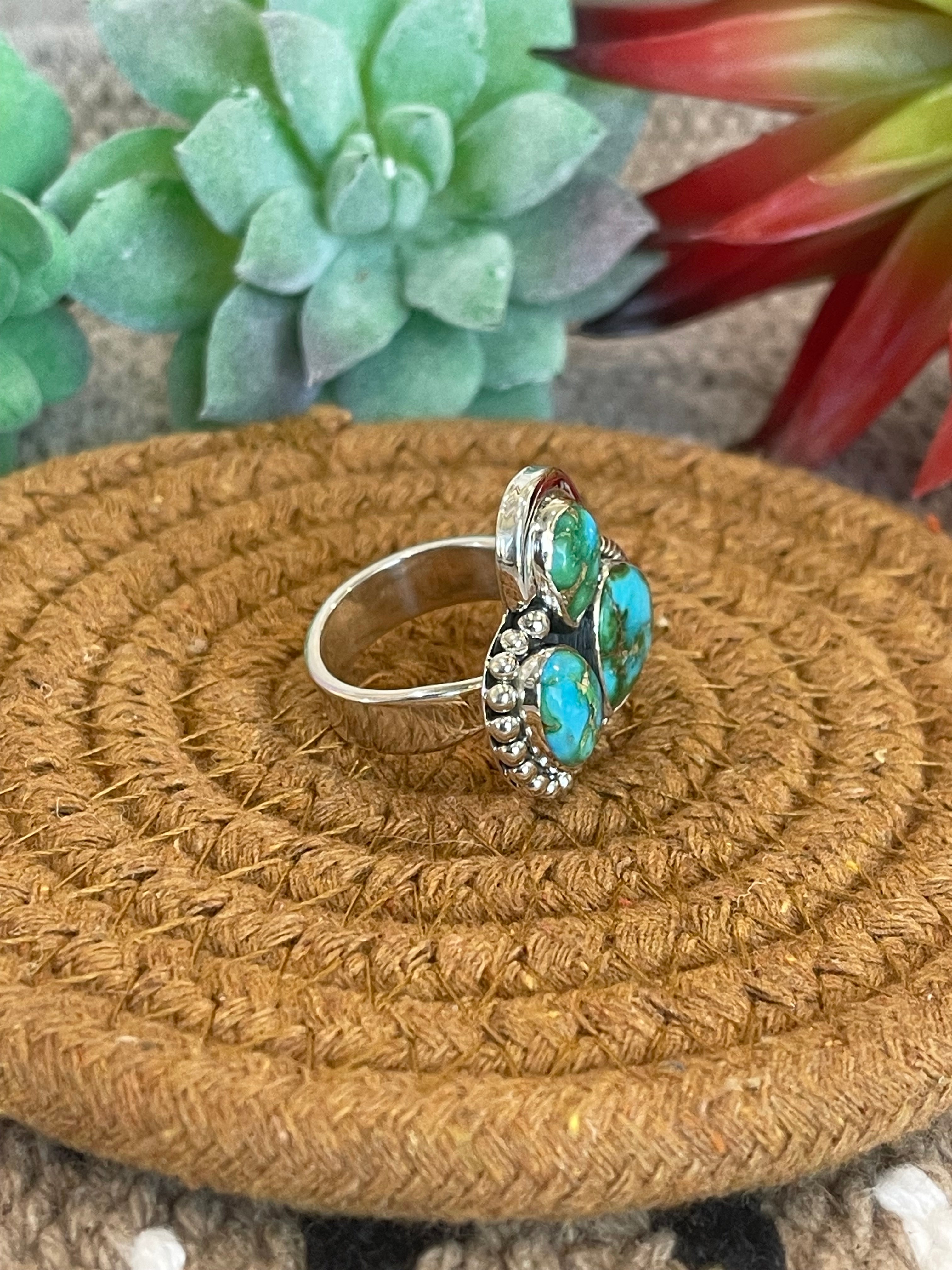 Southwest Handmade Sonoran Mountain Turquoise & Sterling Silver Adjustable 3 Stone Ring