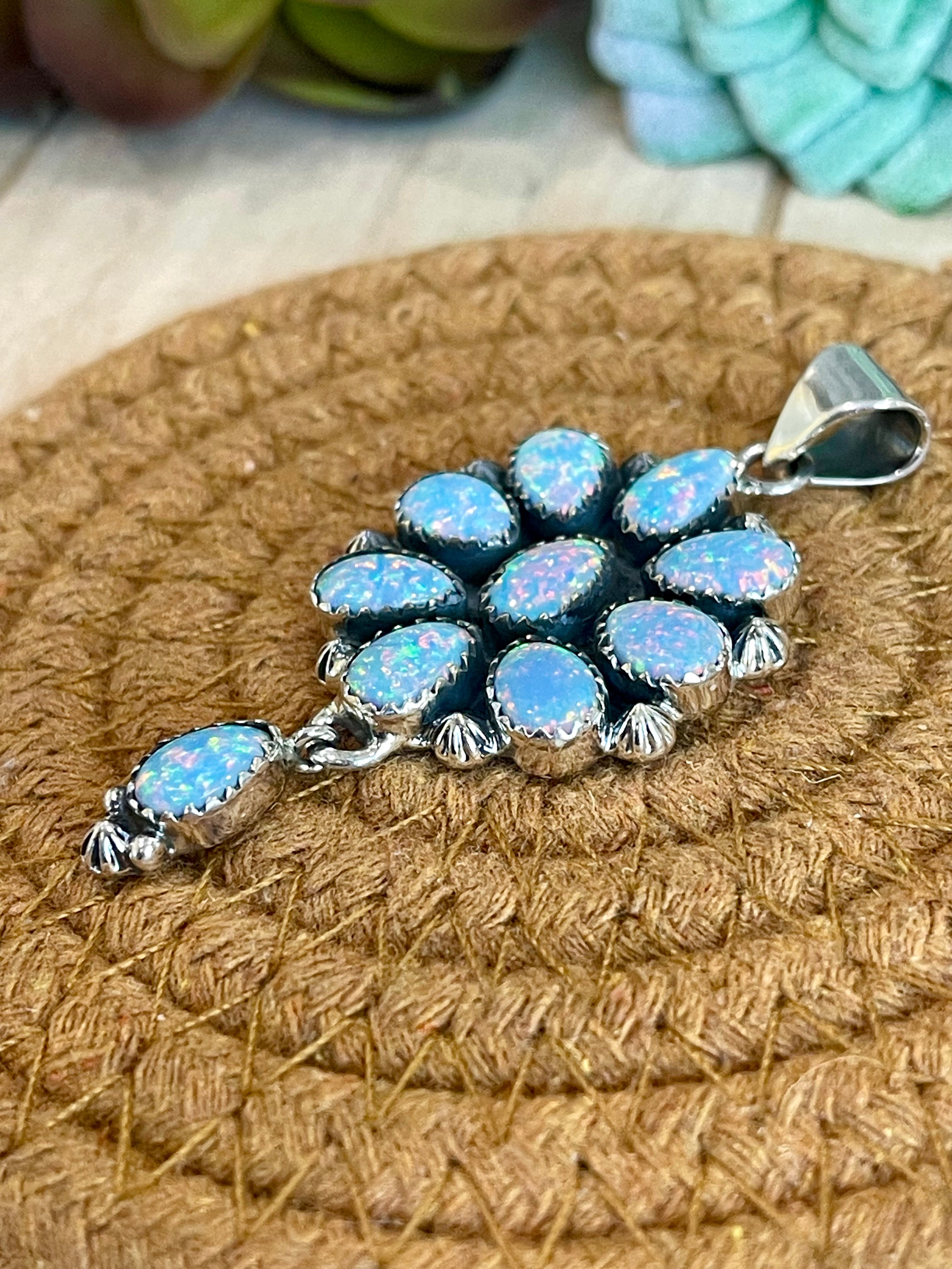 Southwest Handmade Opal & Sterling Silver Cluster Dangle Pendant