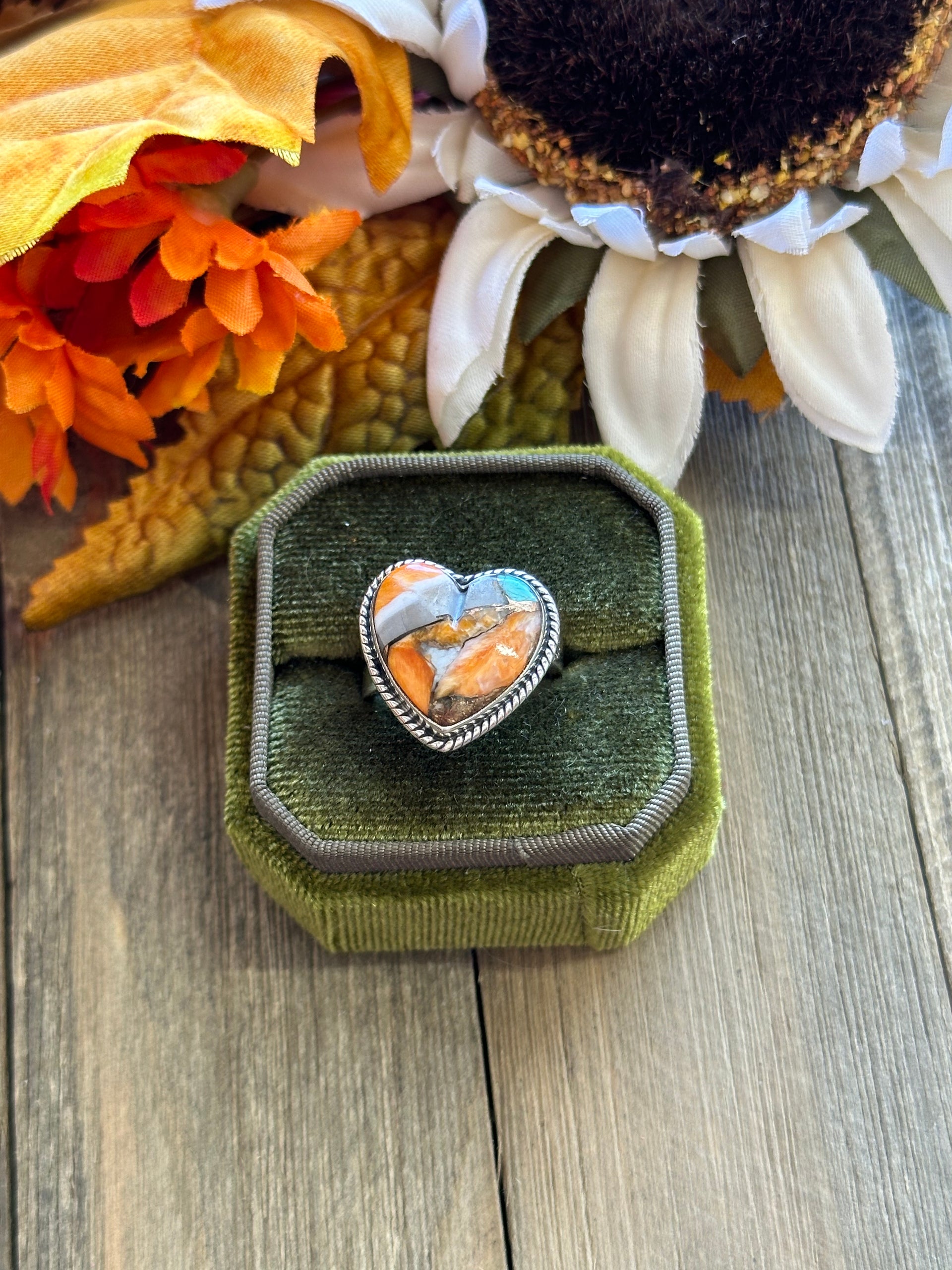 Southwest Handmade Mohave Turquoise & Sterling Silver Adjustable Heart Ring