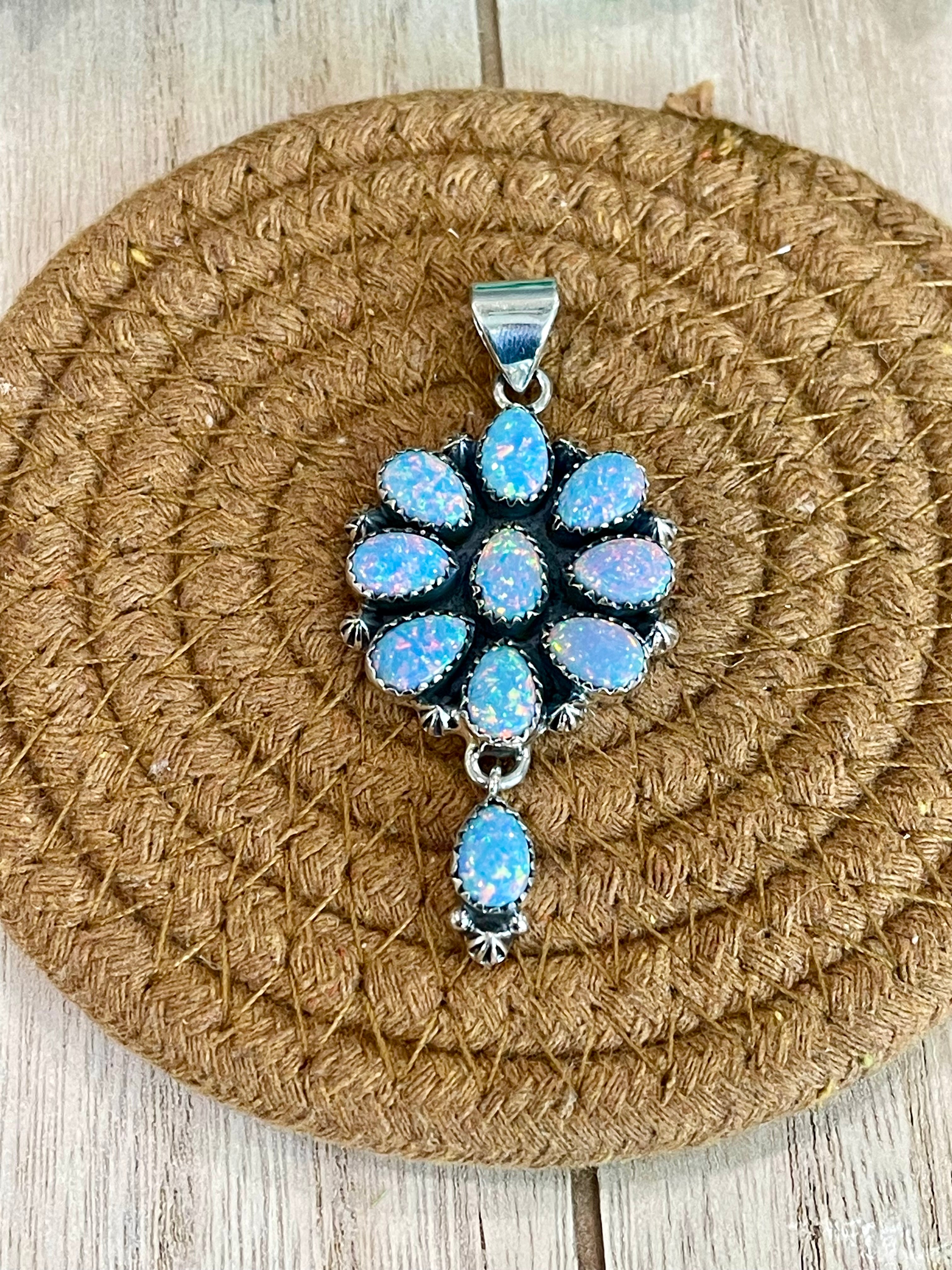 Southwest Handmade Opal & Sterling Silver Cluster Dangle Pendant