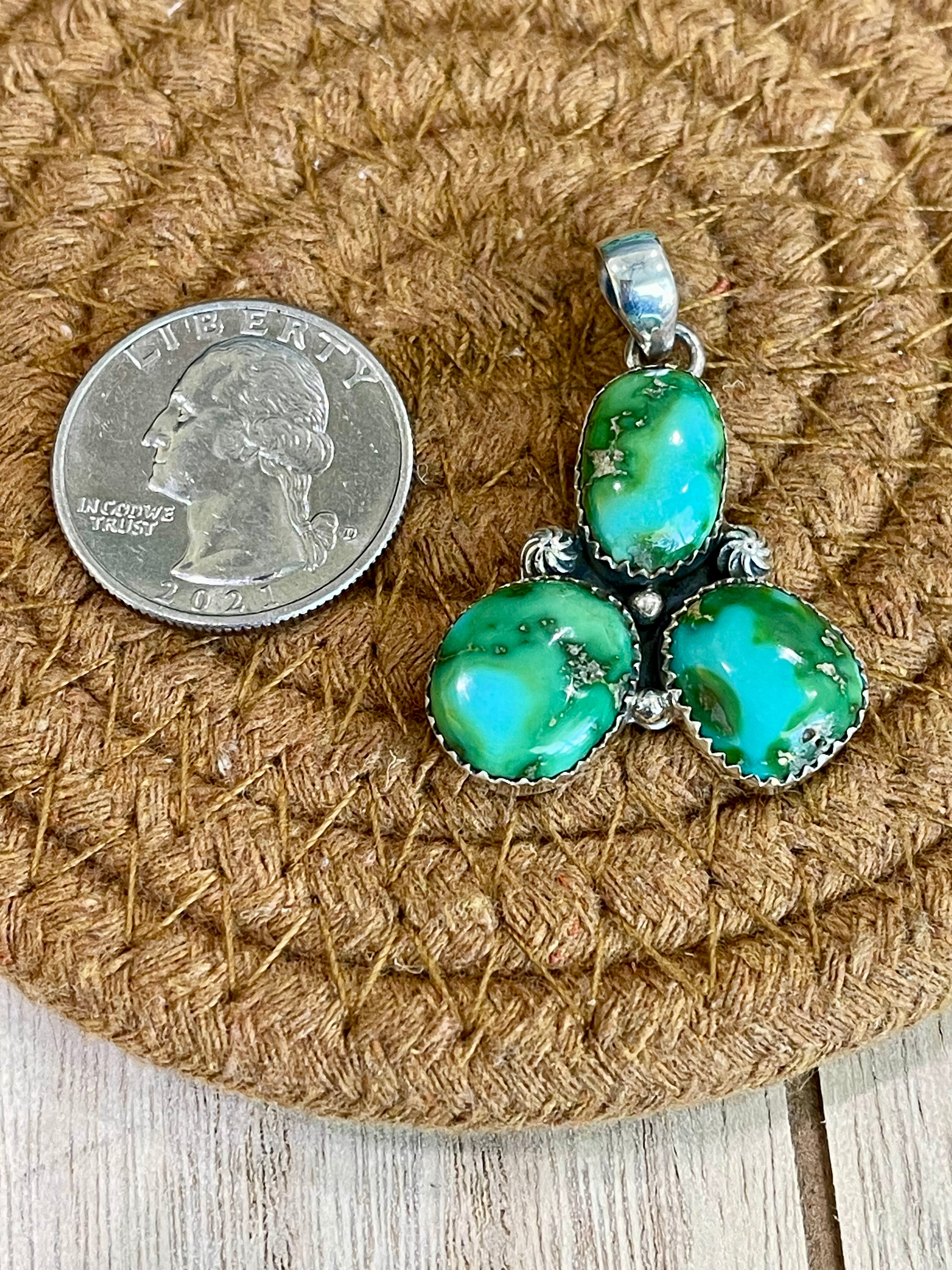 Southwest Handmade Sonoran Mountain Turquoise & Sterling Silver 3 Stone Pendant